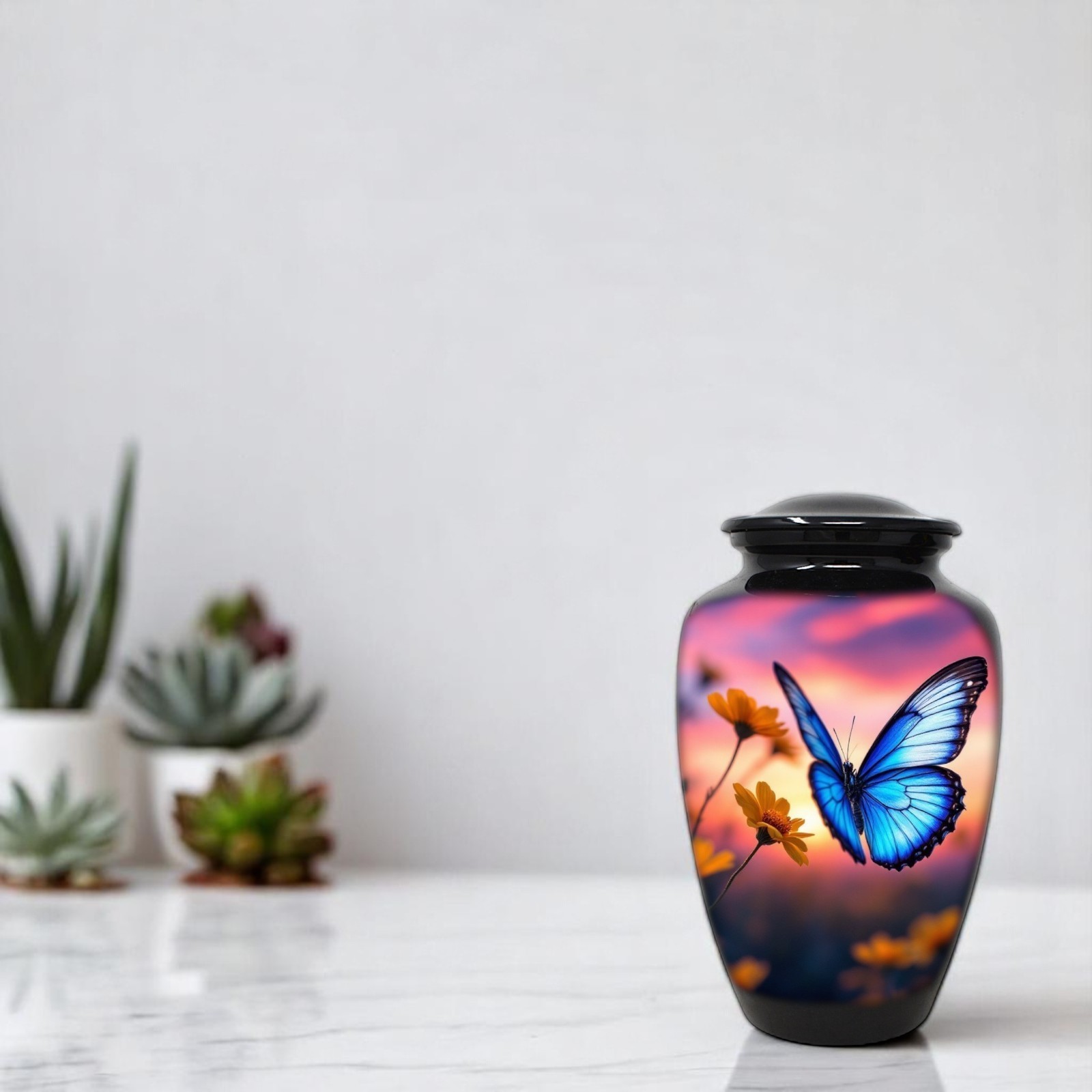 Large Adult Urn for Human Ashes Blue Morpho Butterfly Urn with Velvet Bag