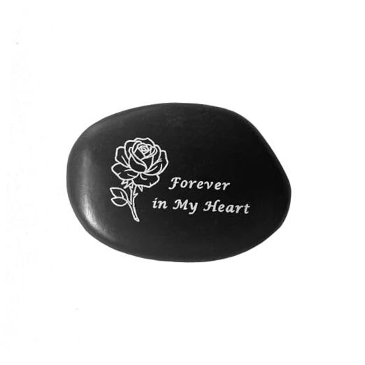 Memorial Stone – in Loving Memory Natural Black Pebble for Grave Sites, Rose