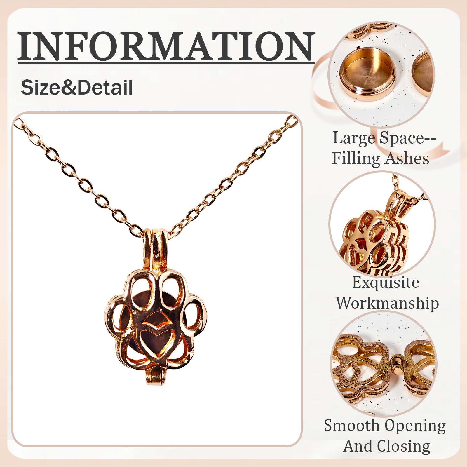 Paw Shaped Pet Ashes Commemorative Necklace For Dog&Cat With Box(Rose gold)