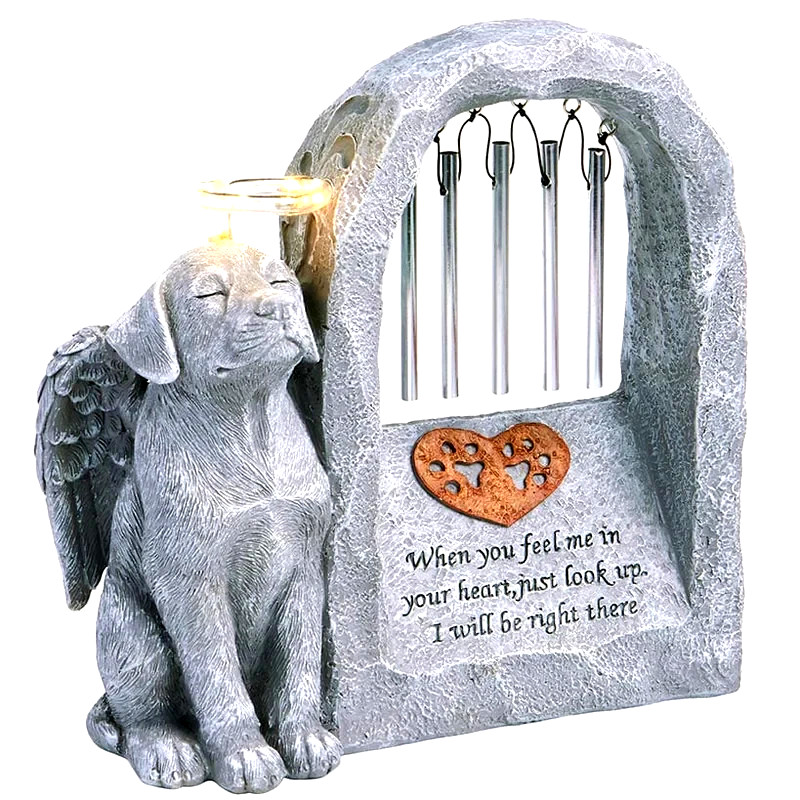 Solar Lighted Dog Pet w/ Angel Wings Paw Prints Memorial Statue Sculpture 9″H