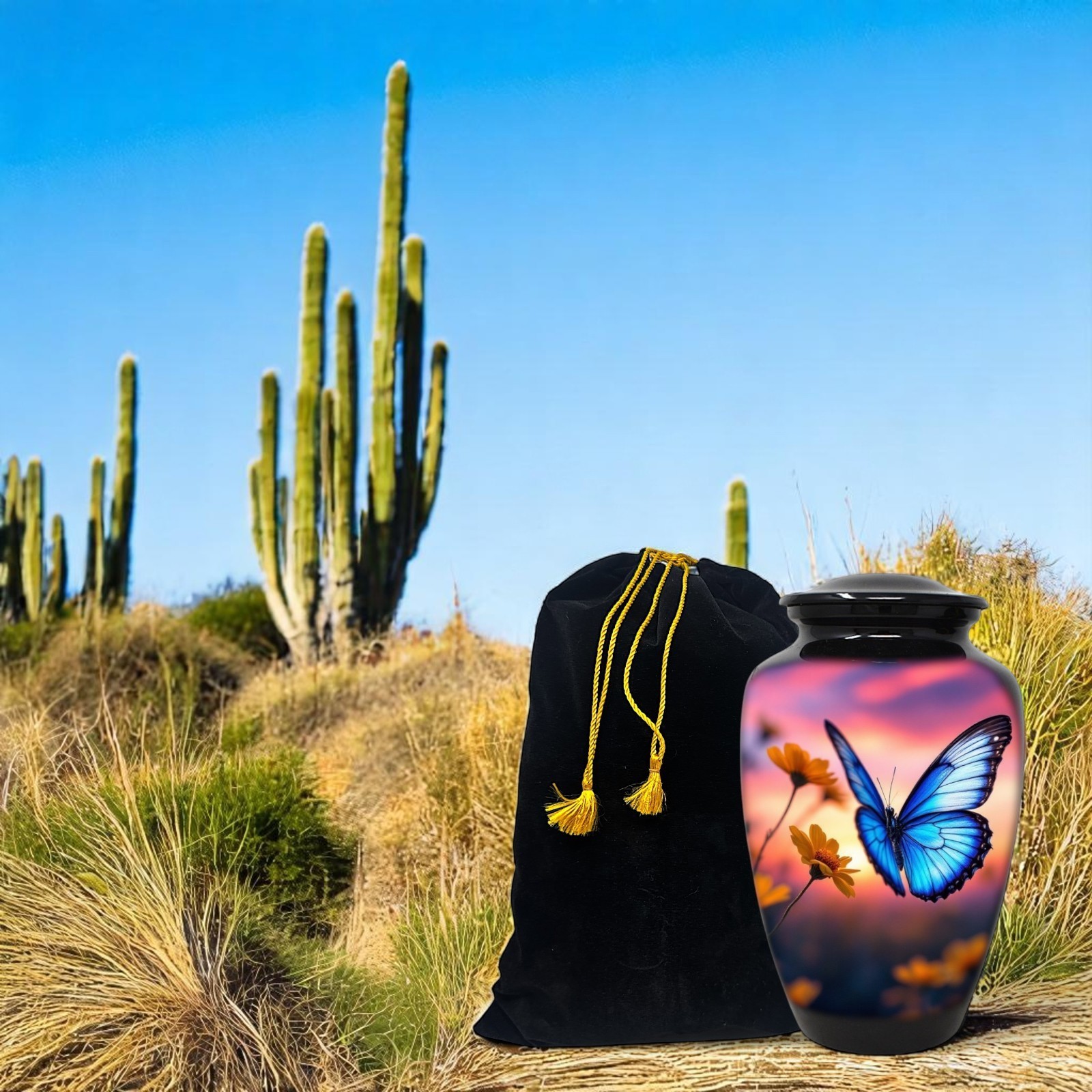 Large Adult Urn for Human Ashes Blue Morpho Butterfly Urn with Velvet Bag