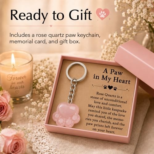 Pet Loss Sympathy Gift – Rose Quartz Paw Keychain, Healing Crystal Pocket Pink