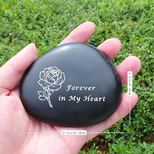 Memorial Stone – in Loving Memory Natural Black Pebble for Grave Sites, Rose