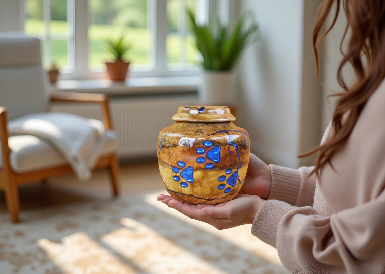 Pet Cremation Urn with Blue Paw Prints – Handcrafted Decorative Urn for Dog
