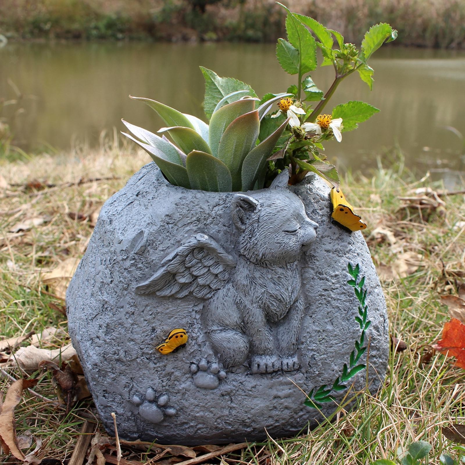 Pet Memorial Stone for Cat Headstone Flower Pot for Garden Outdoor Outside