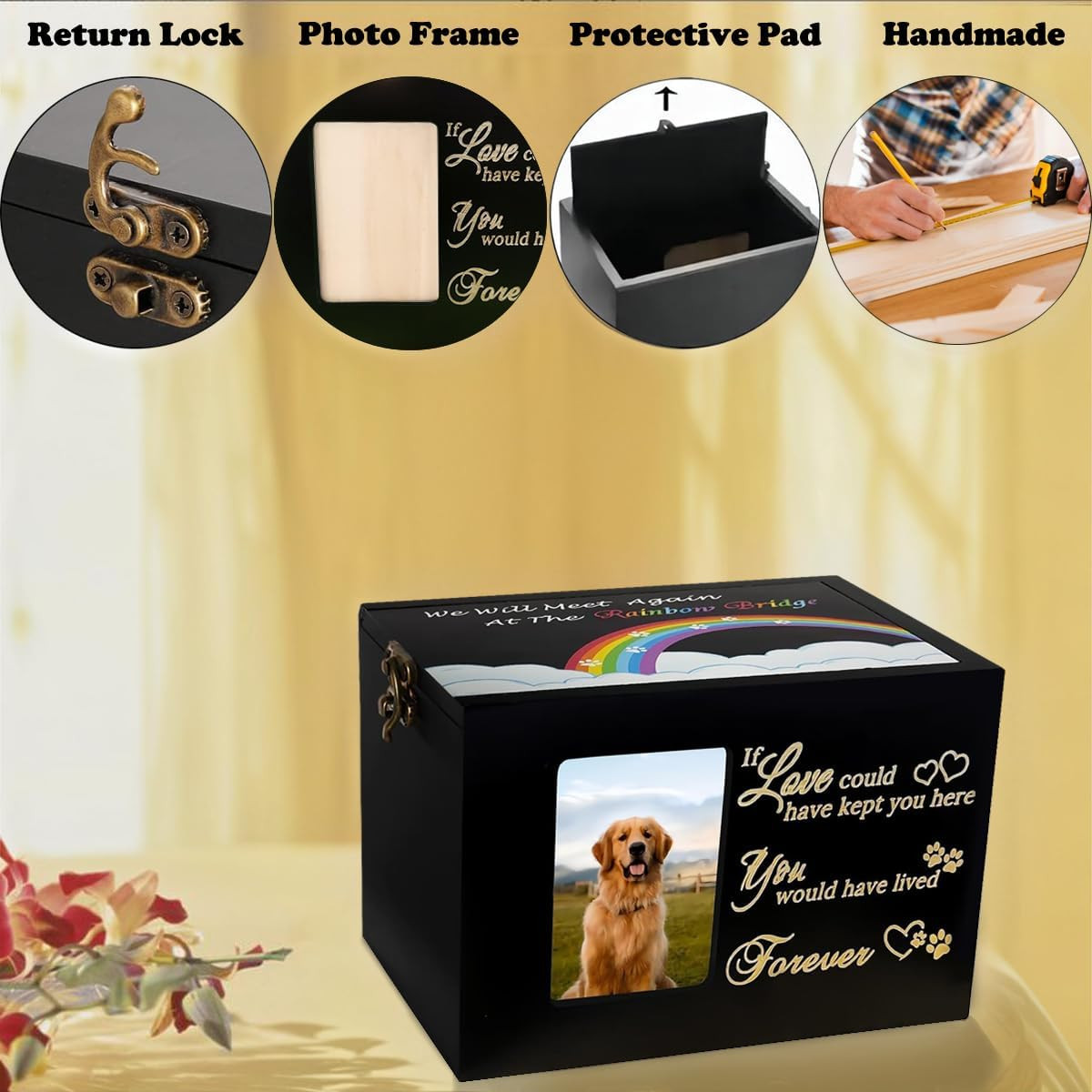 Pet Urns for Dogs or Cats Ashes,Large Wooden Funeral Cremation Memorial Box with