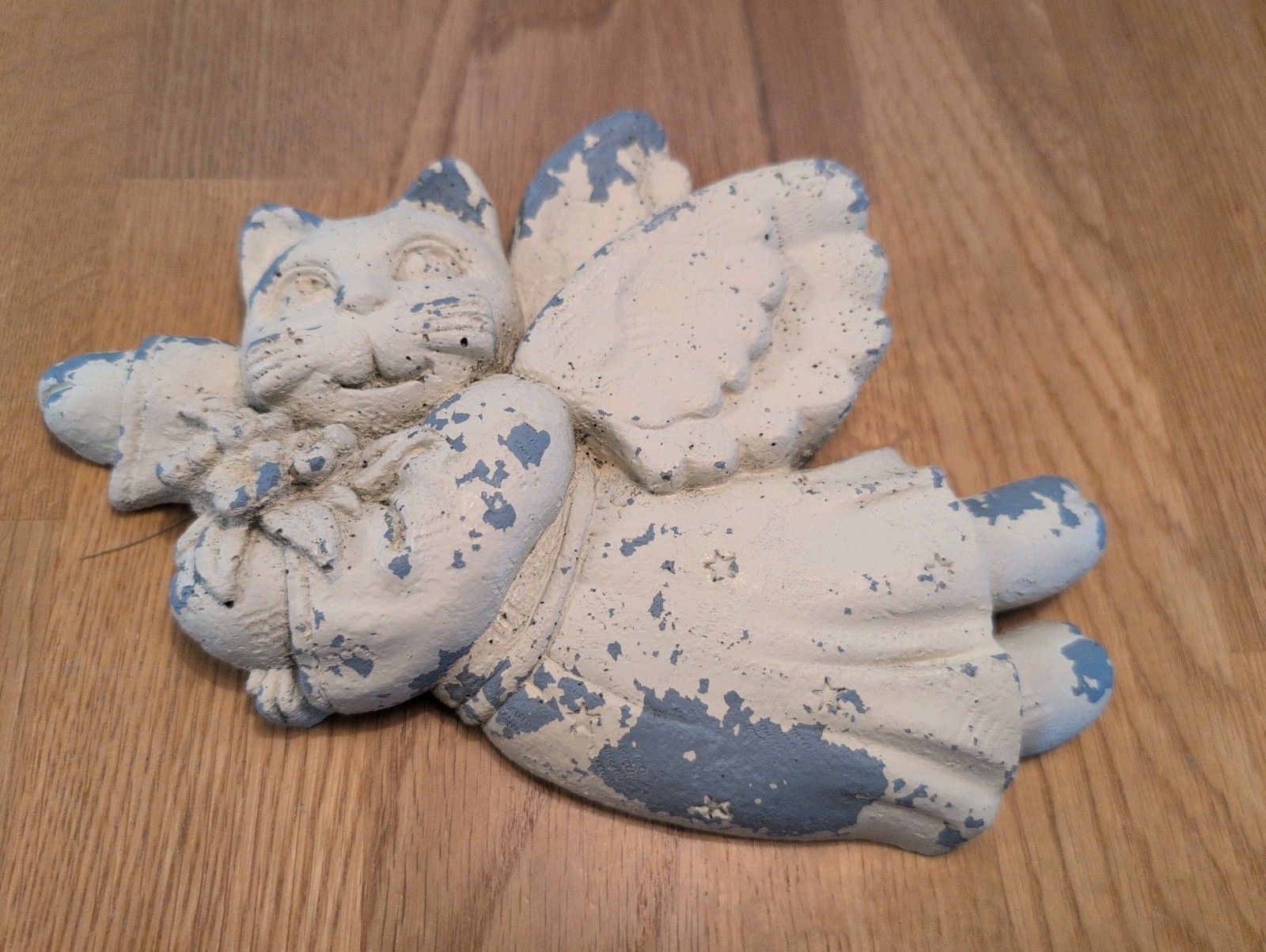 Vintage White Concrete Art Sculpture Angel Cat with wings, Memorial Plaque