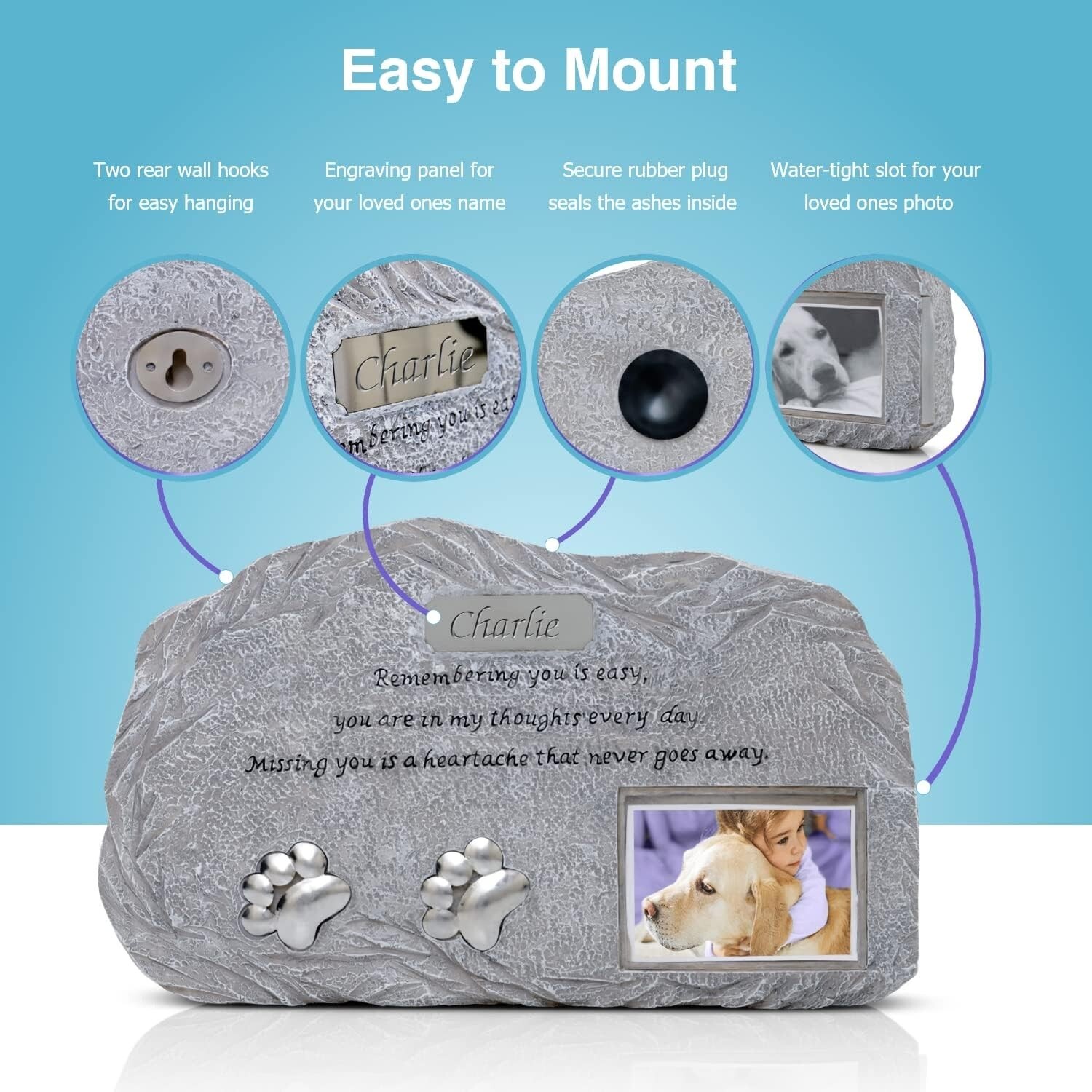 Pet Memorial Urn with Photo Frame Dog Cat Ashes Remembrance Stones Just Fur Them