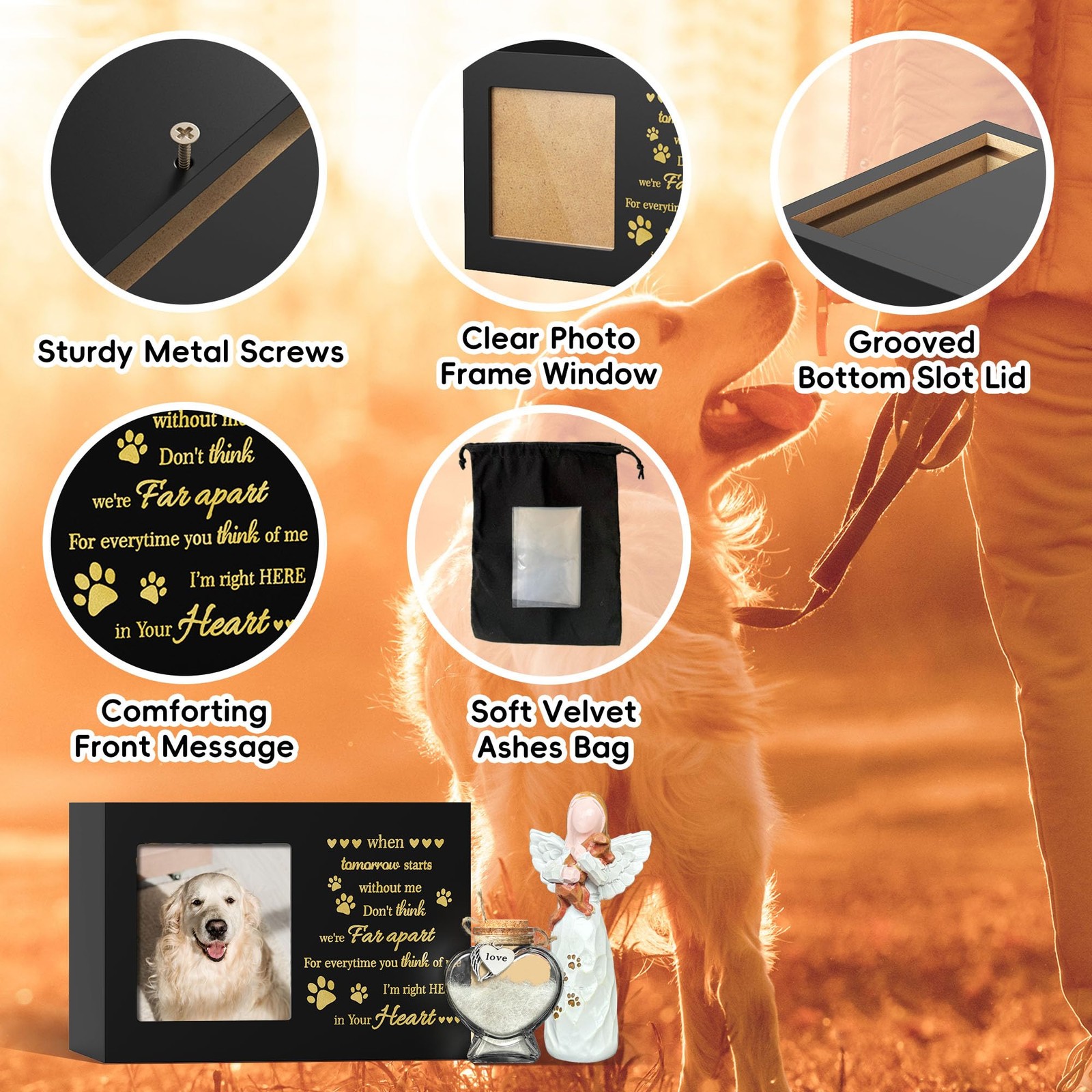 Pet Memorial Urn with Photo Frame, 110 Cubic Inches Wooden Black