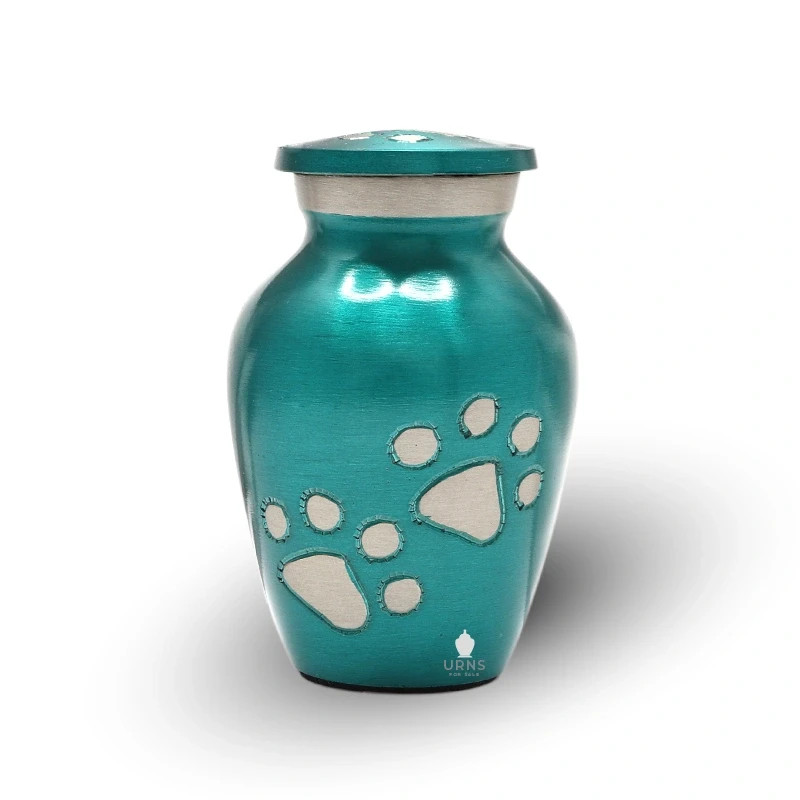 Turquoise Pet Keepsake Urn with Silver Paws for Dog Cat Cremation Ashes Cremains