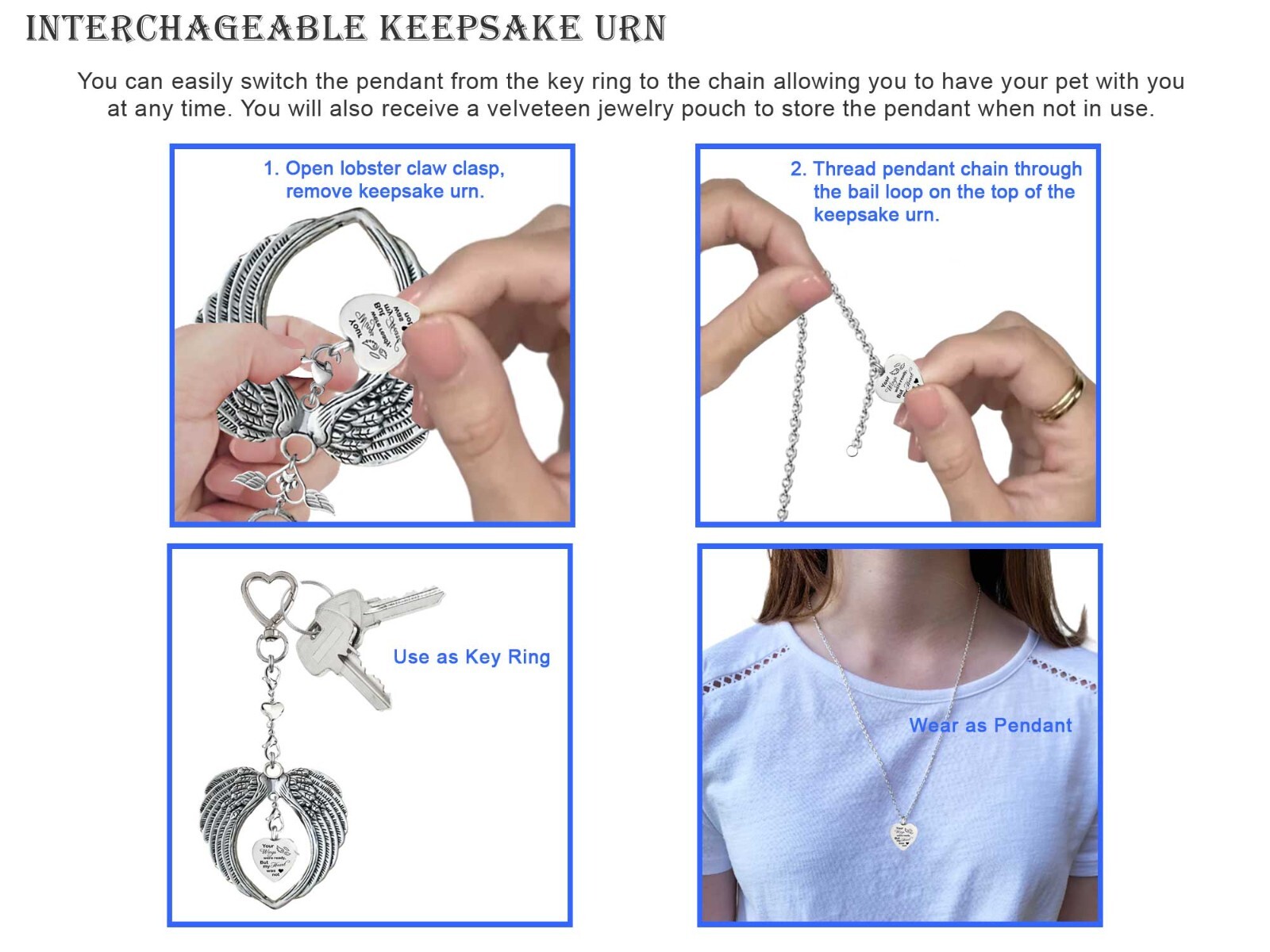 Pet Keepsake Urn Wings Were Ready Interchangeable Necklace or Key Ring Jewelry