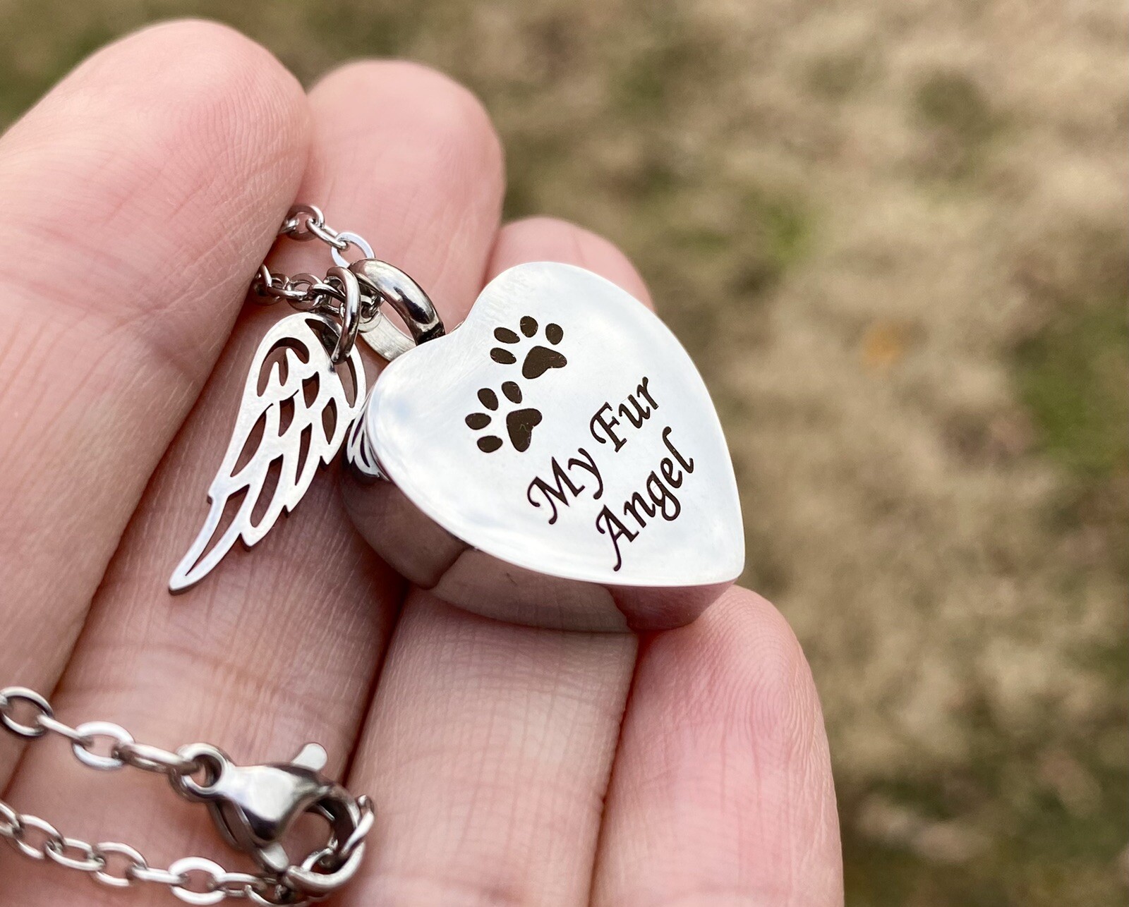 Pet Cremation Ash Necklace My Fur Angel Wing Charm Pendant Urn Paw Dog Cat Heart