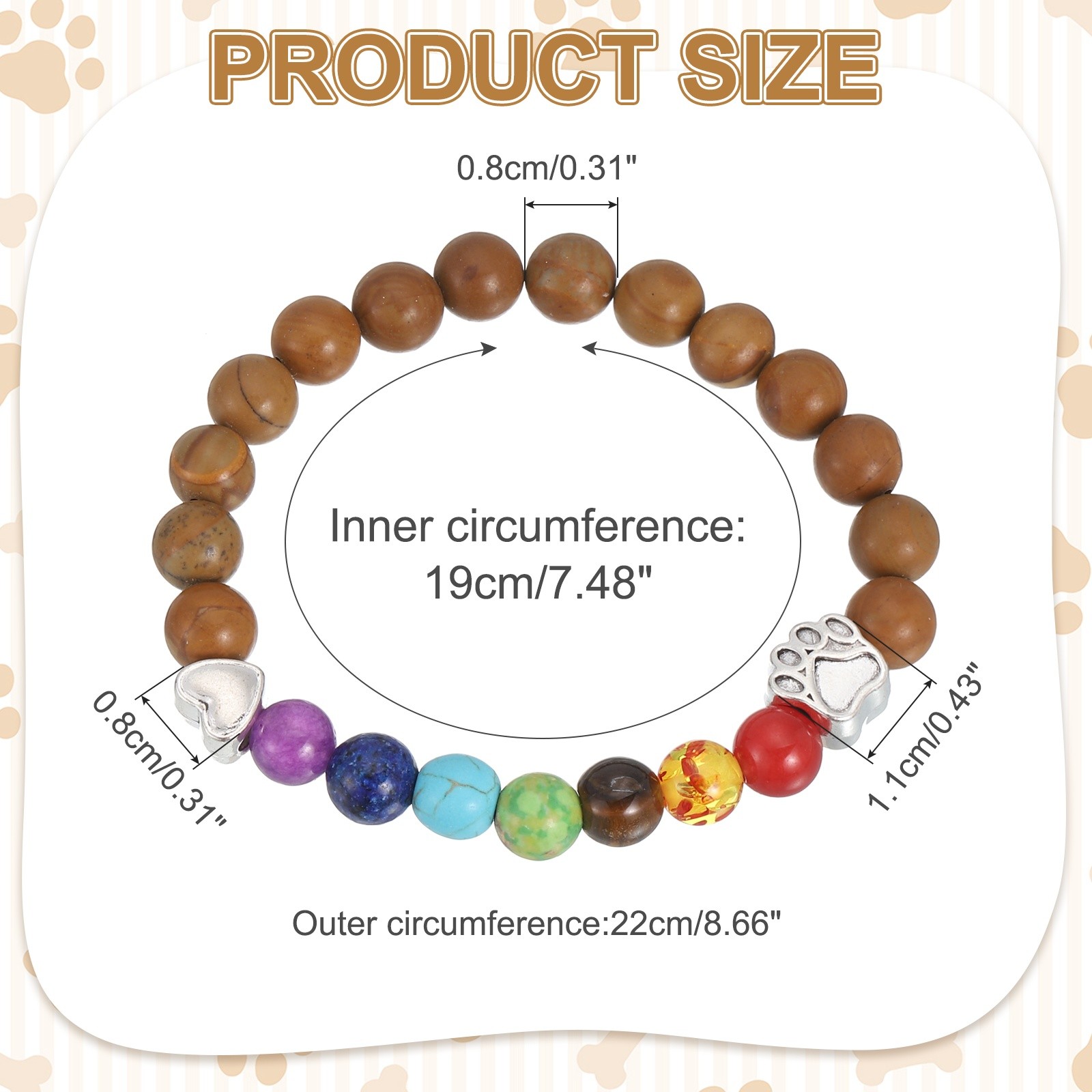 Stone Paw Bracelet,Heart Rainbow Paw Print Dog Mom Memorial Bracelet,Brown