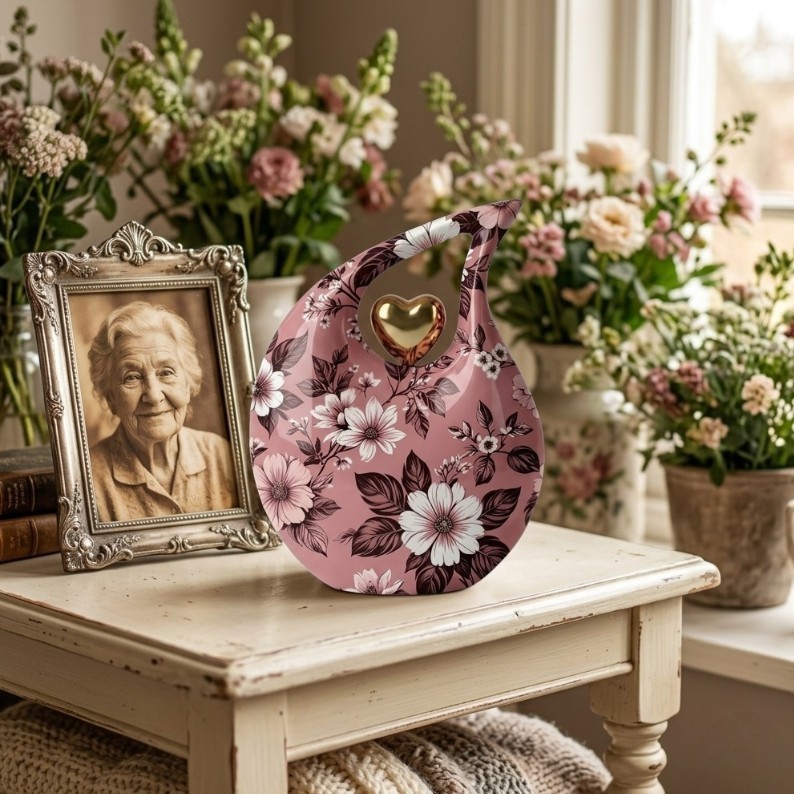 Pink Floral Metal Teardrop Cremation Urn for Adult Human Ashes 200 Cu In Earns..