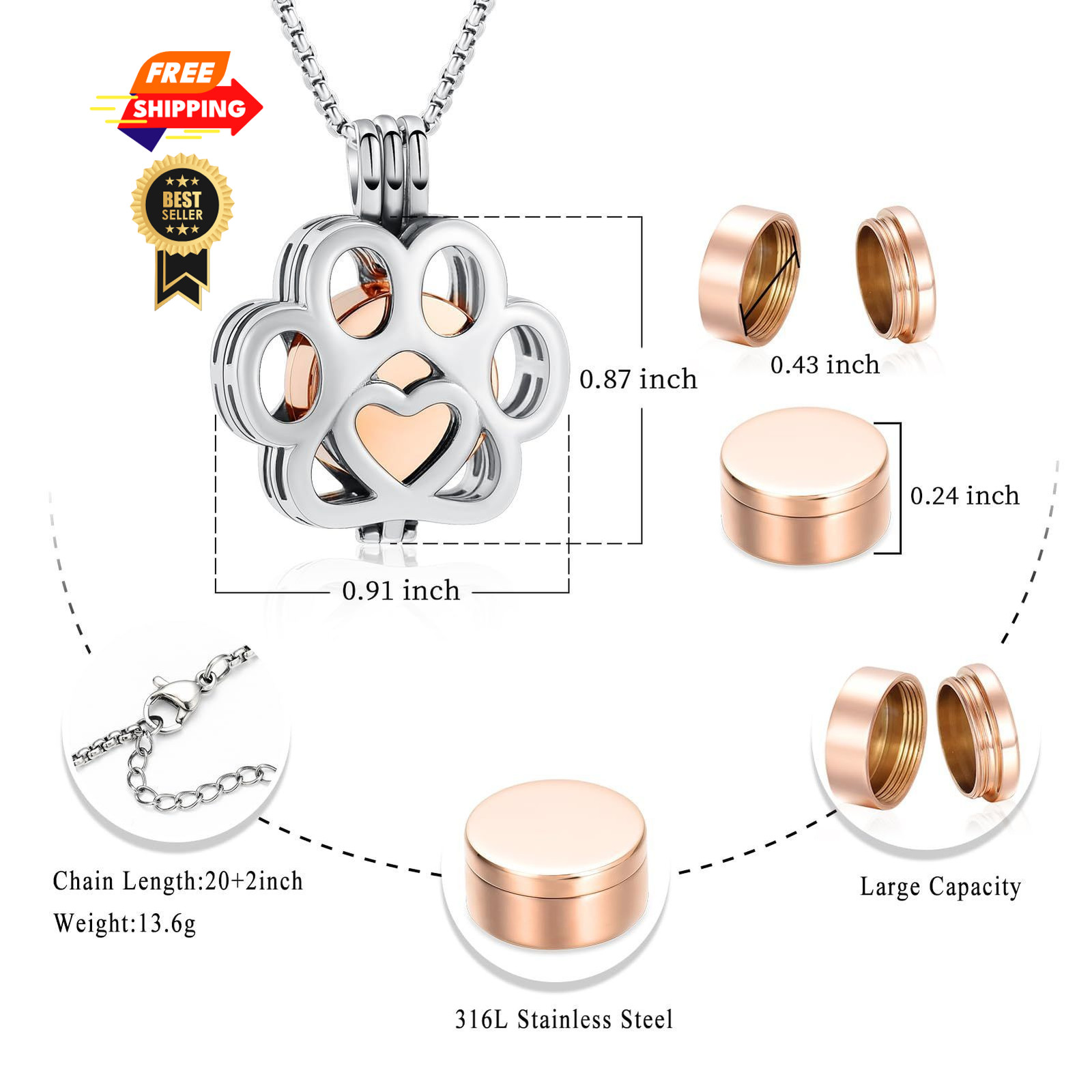 Oinsi Pet Cremation Jewelry For Ashes Dog/Cat 0.78*0.86, Silver-Rose gold