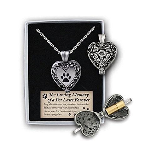 Pet Memorial Heart Locket Urn Necklace Silver 24in Chain