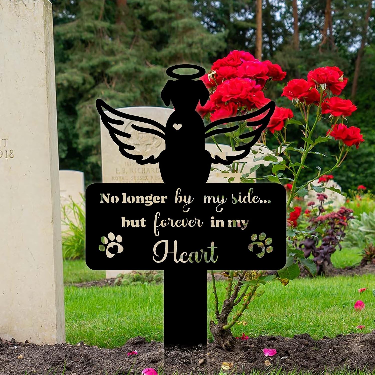 Angel Dog Grave Marker – 12in Memorial Stone with Halo and Paw Prints, Weatherpr