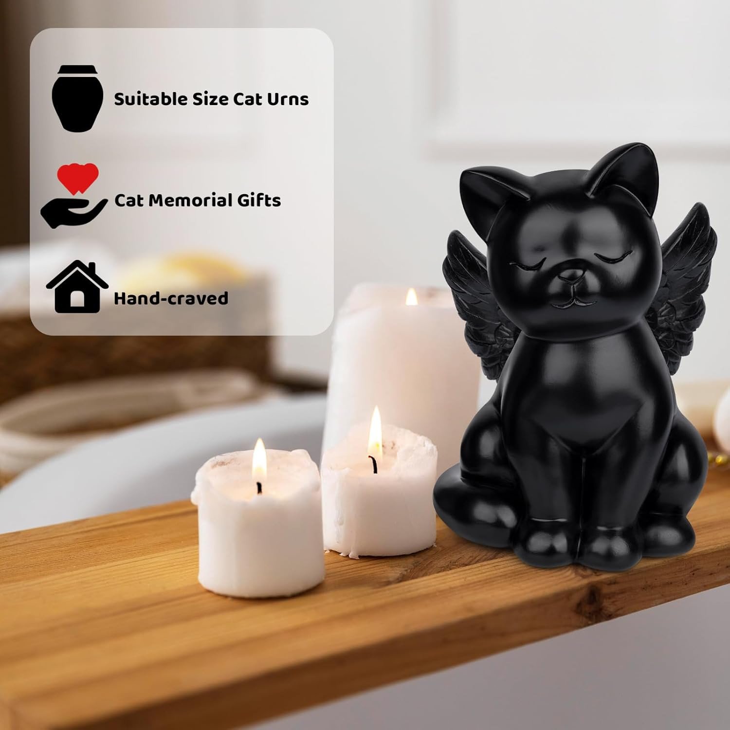 Black Cat Urn for Ashes – Sleeping Angel Memorial Figurine, Cremation Funeral St