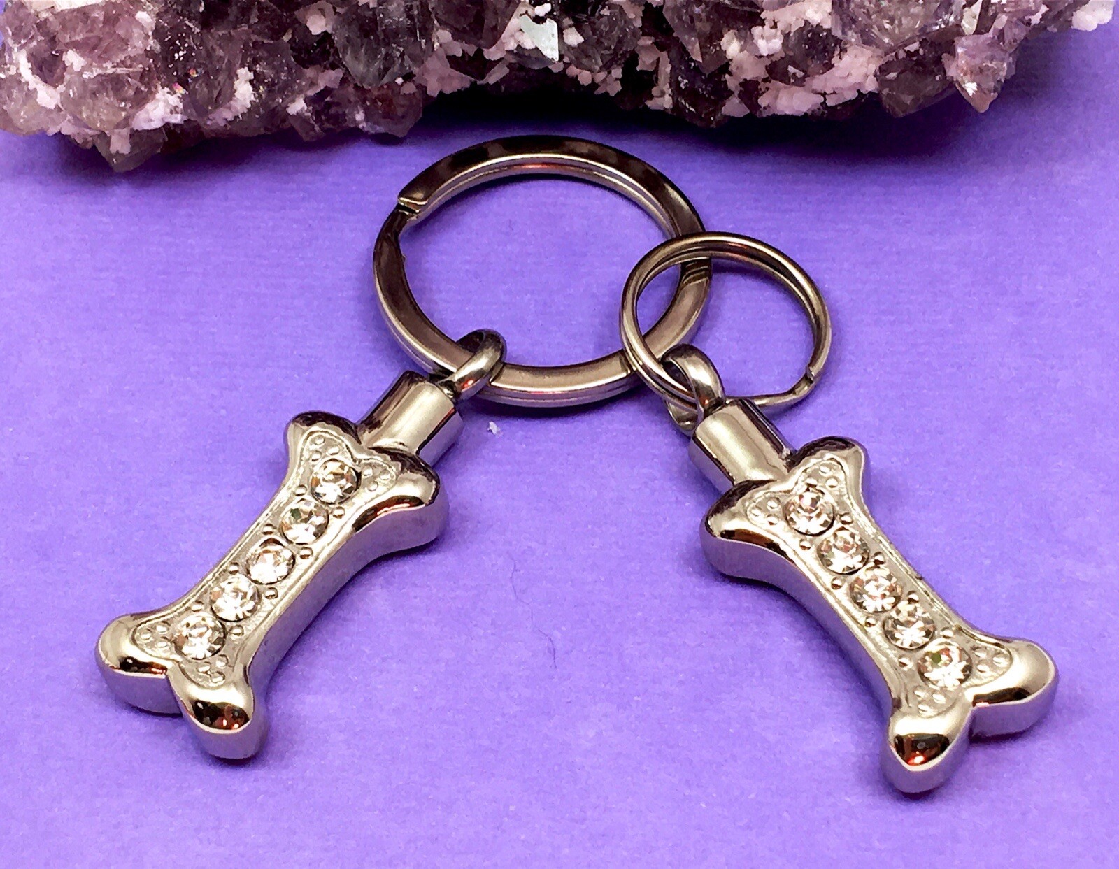 Dog Cremation Pendant Urn Keychain 1″ Key Ring for Ashes Silver Crystal Bone