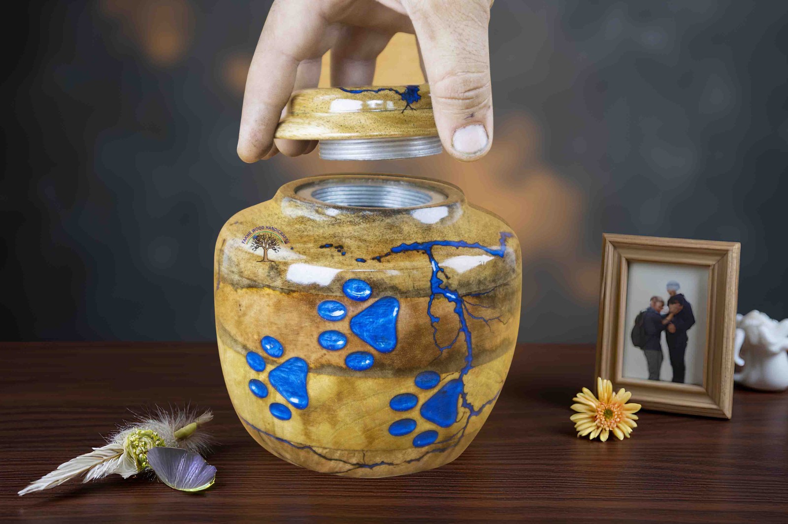 Pet Cremation Urn with Blue Paw Prints – Handcrafted Decorative Urn for Dog