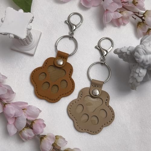 4Pcs Pet Hair Keychain, Paw Print Leather Key Ring White &Pink & Black & Brown