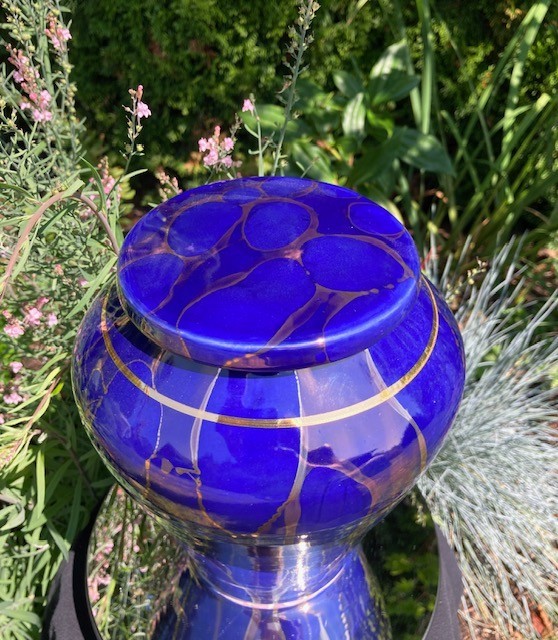 Handmade Ceramic Cremation Urn Keepsake Vessel in Royal Blue with Gold, 150 ci