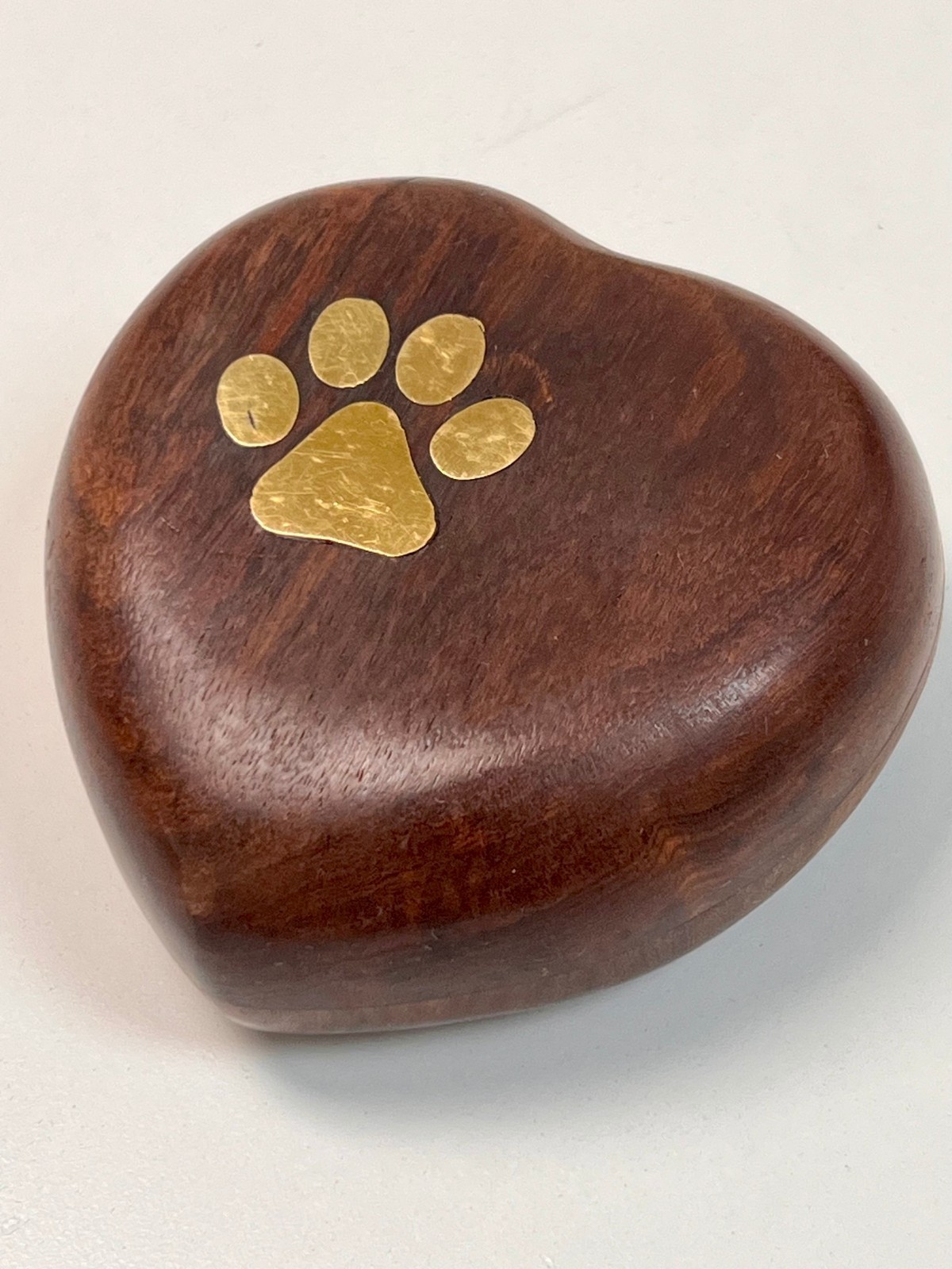 Wood Pet Cremation Urn Heart Shape w/ Brass Paw Print Memorial Keepsake Small