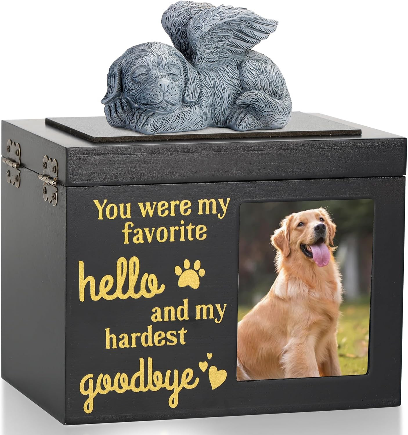 Large Dog Urn for Ashes, Black Wooden Pet Keepsake with Photo Frame, Memory Box