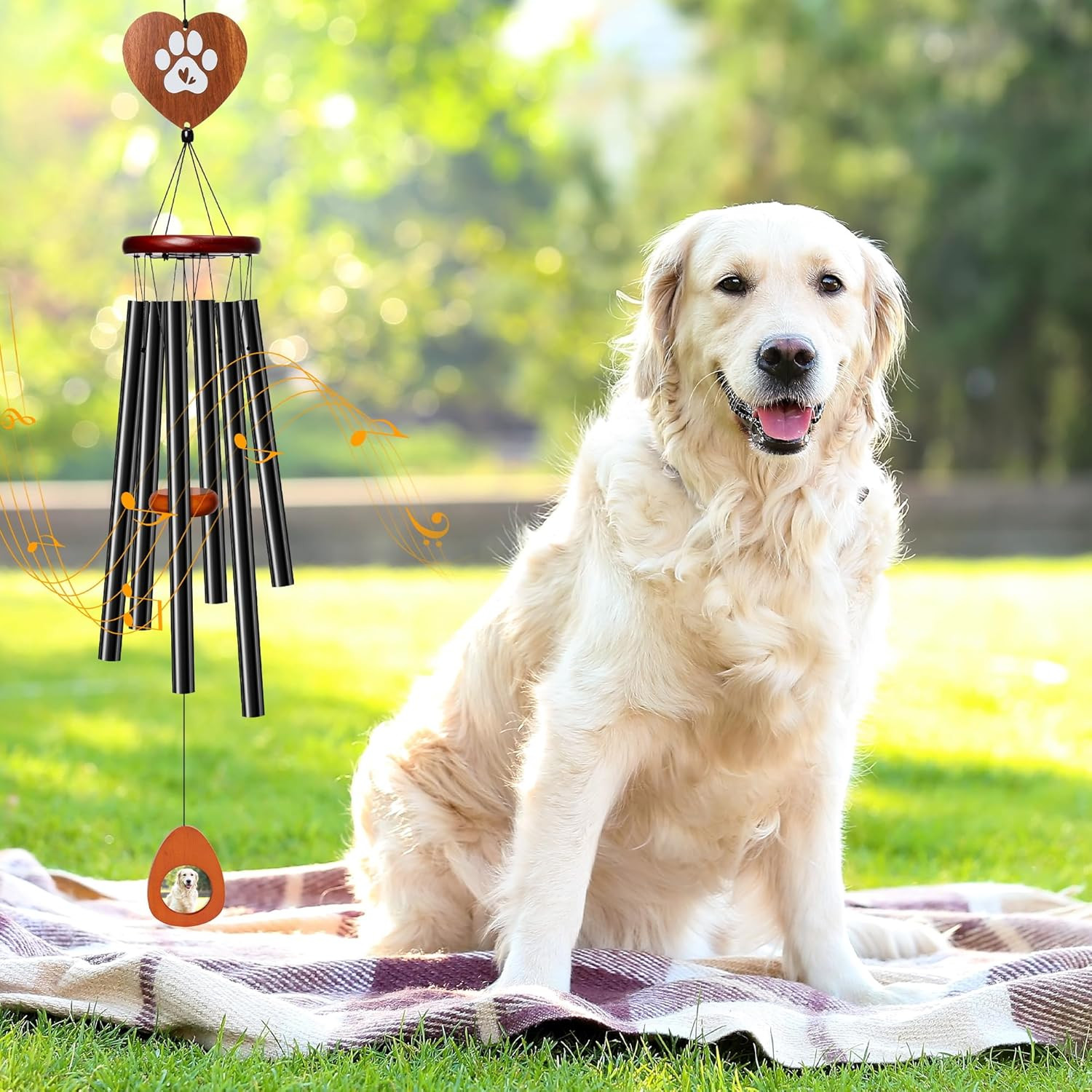 Dog Memorial Wind Chimes – 36” Pet Memorial Gift with Wooden Base, Pawprint Orn