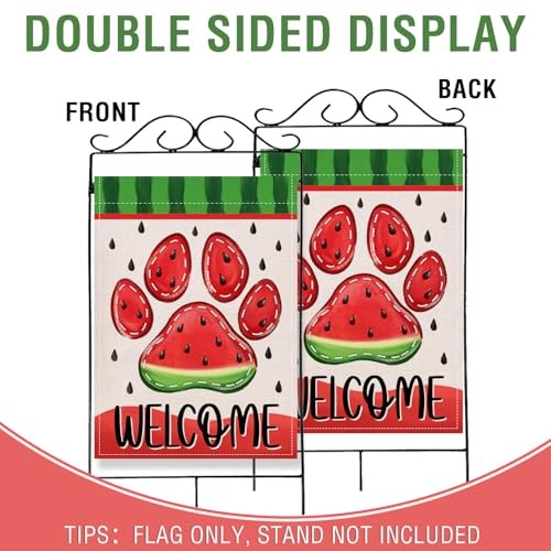 Welcome Summer Dog Cat Paw Print Large Decorative House Flag, Watermelon Yard