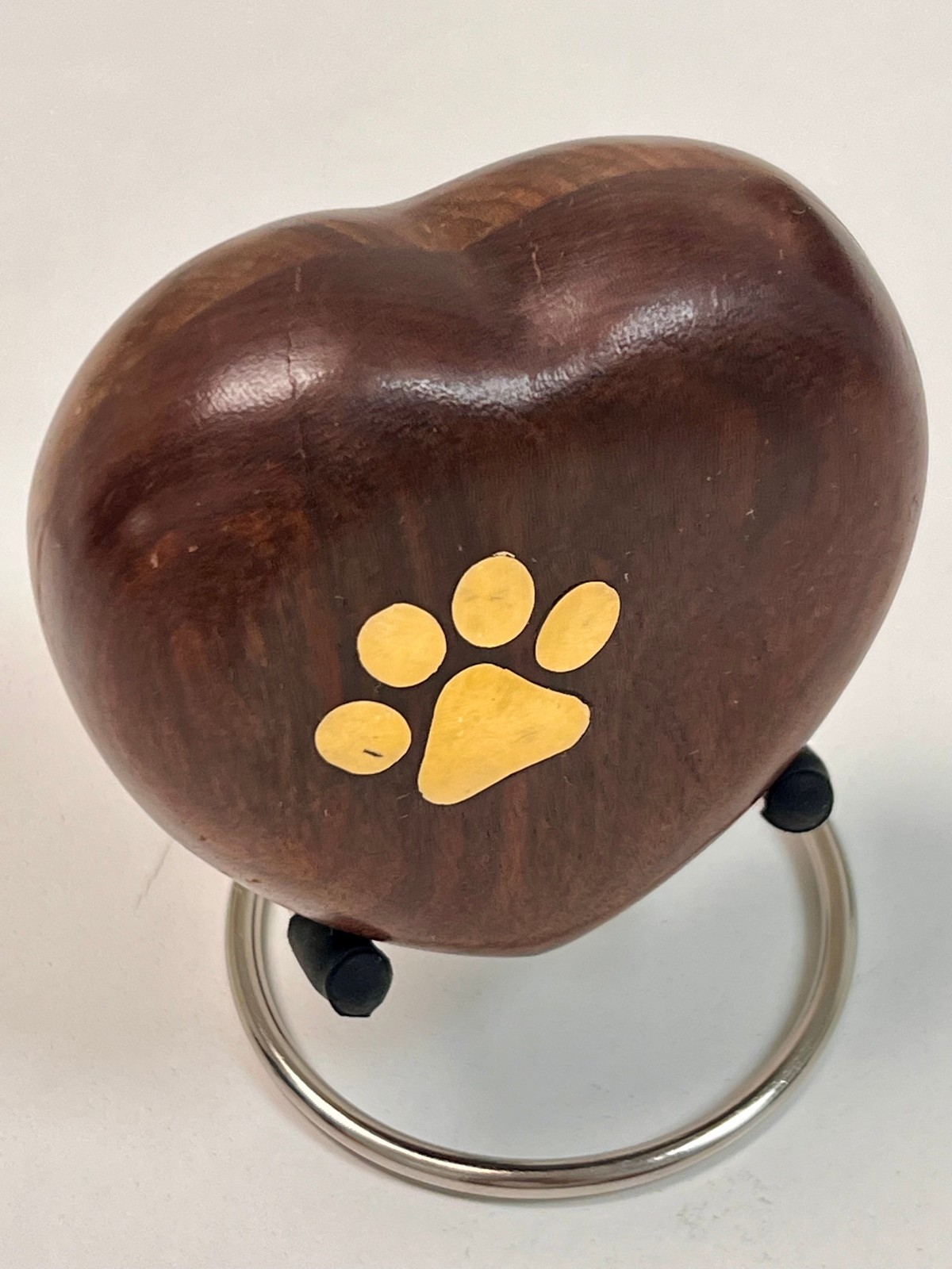 Wood Pet Cremation Urn Heart Shape w/ Brass Paw Print Memorial Keepsake Small