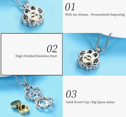 Paw Print Cremation Necklace Jewelry Pendant Urn for Ashes Pet Dog Cat Memorial