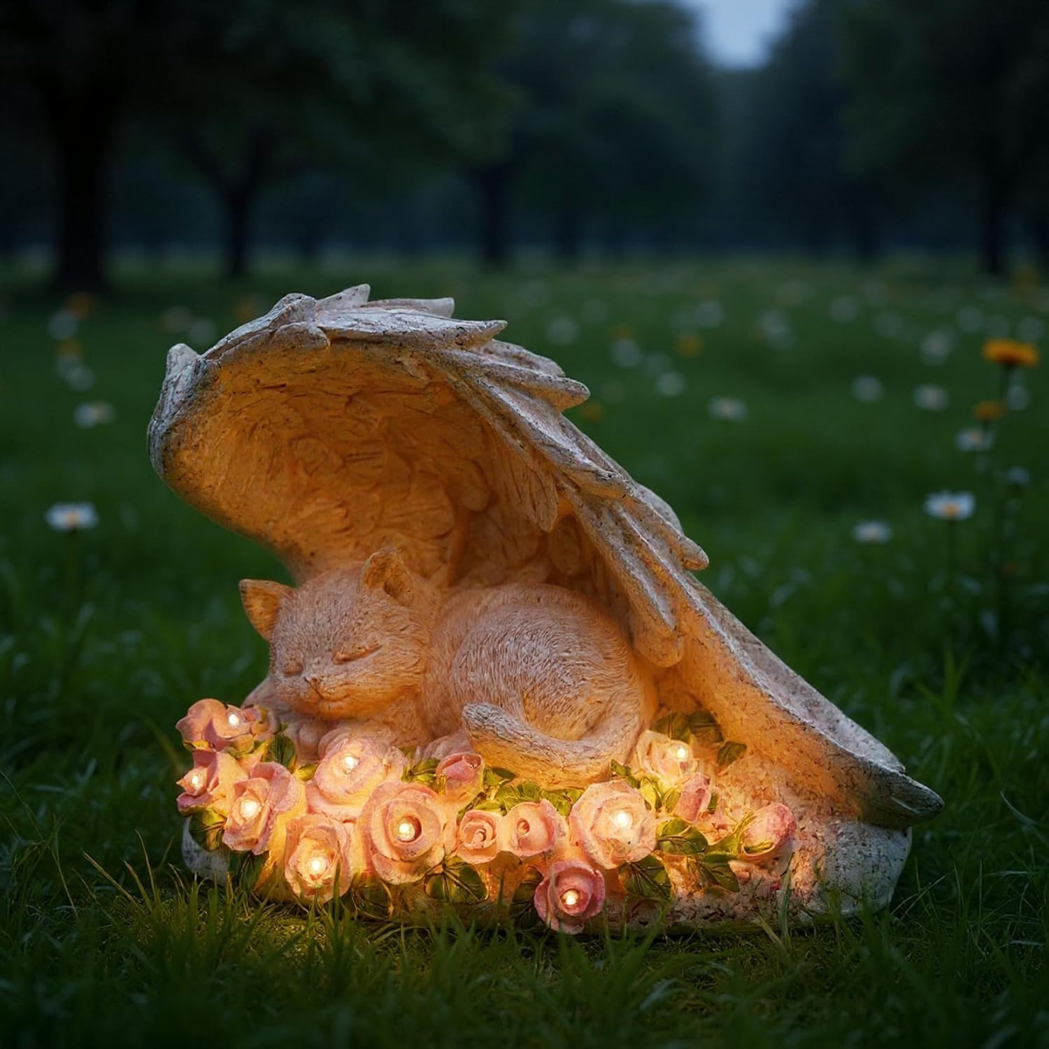 Cat Pet Memorial Stones Outdoor Statue, a Sleeping Cat Memorial Stones with Sola