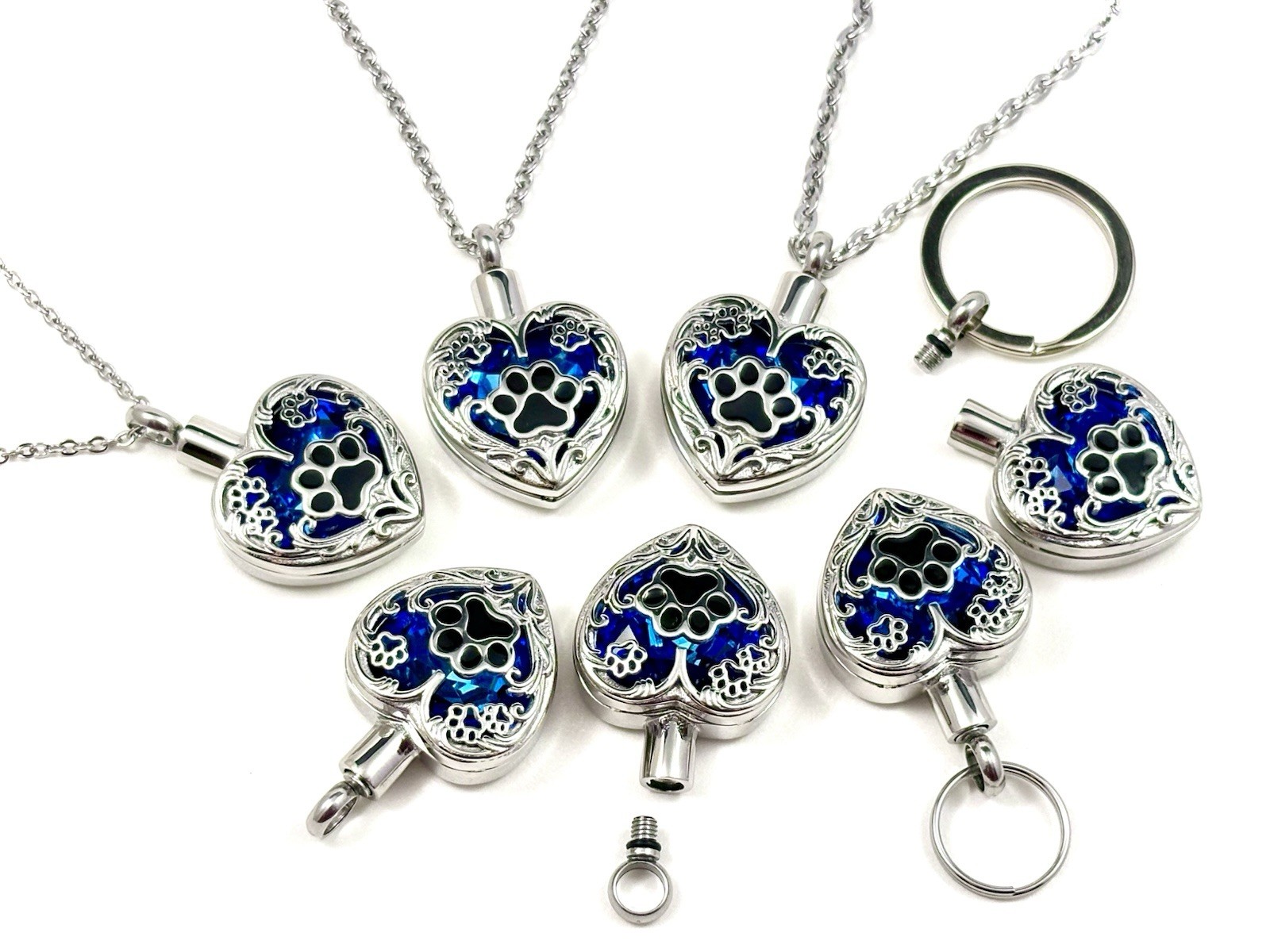 Paw Print Cremation Pendant Urn Keychain 1″ KeyRing Ash Dog Cat Pet Cobalt Blue