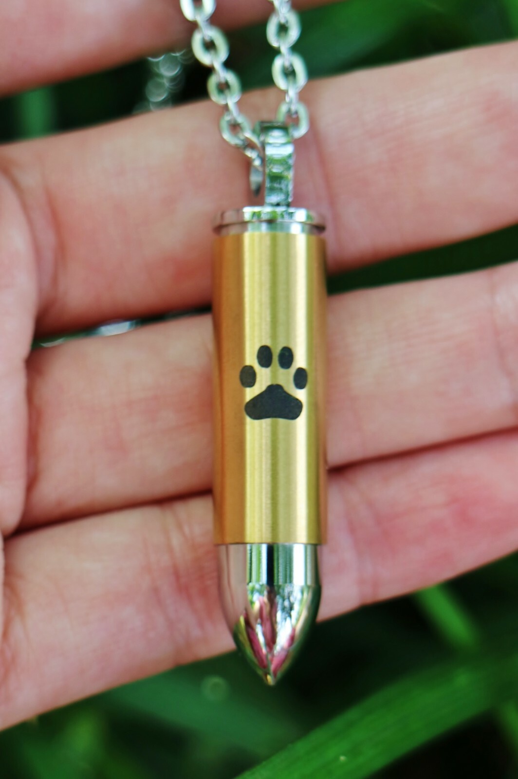 Mens Bullet Cremation Necklace Pendant Urn 4 Ashes LARGE VIAL Pet Paw Print Dog