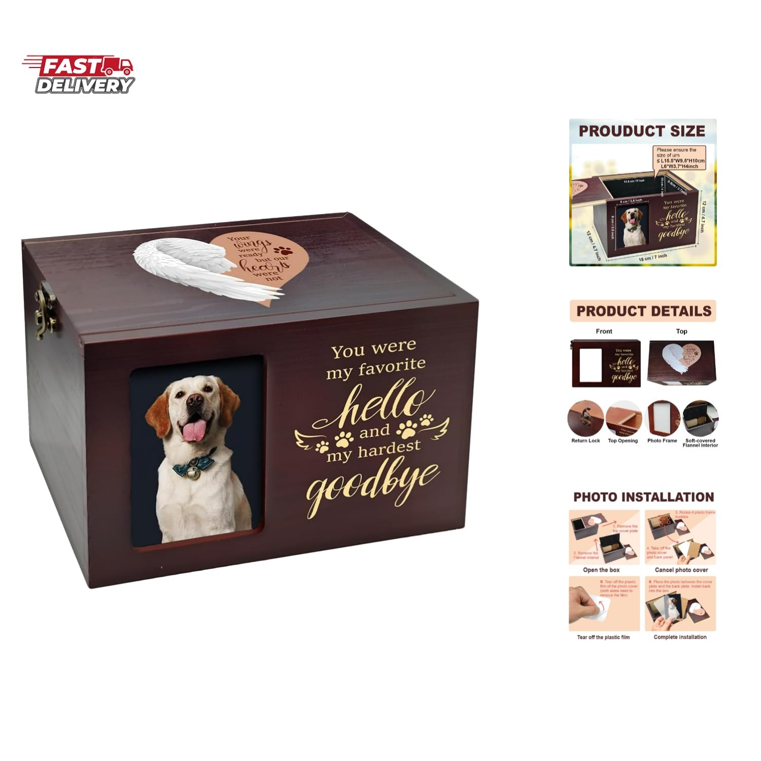 Pet Urns for Dog or Cat Ashes, Wooden Dog Urn for Ashes Keepsake with Photo F…