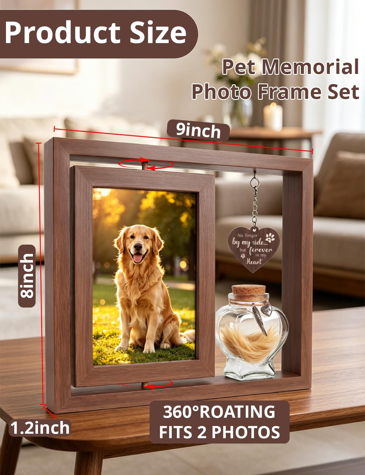 Bomis Dog Memorial Gift Rotating Wooden Frame For 4X6 Fur Keepsake Jar Present