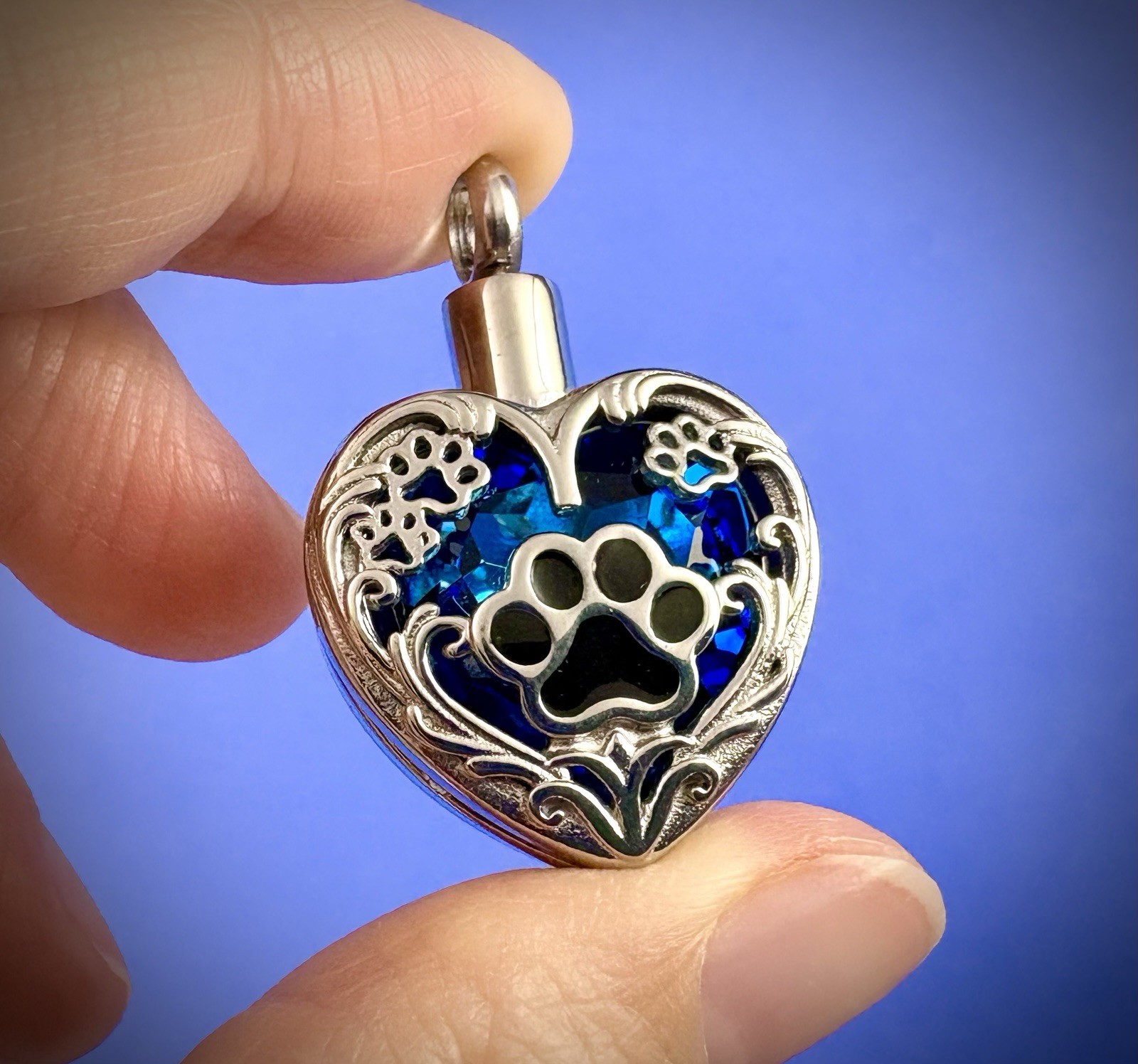 Paw Print Cremation Pendant Urn Keychain 1″ KeyRing Ash Dog Cat Pet Cobalt Blue
