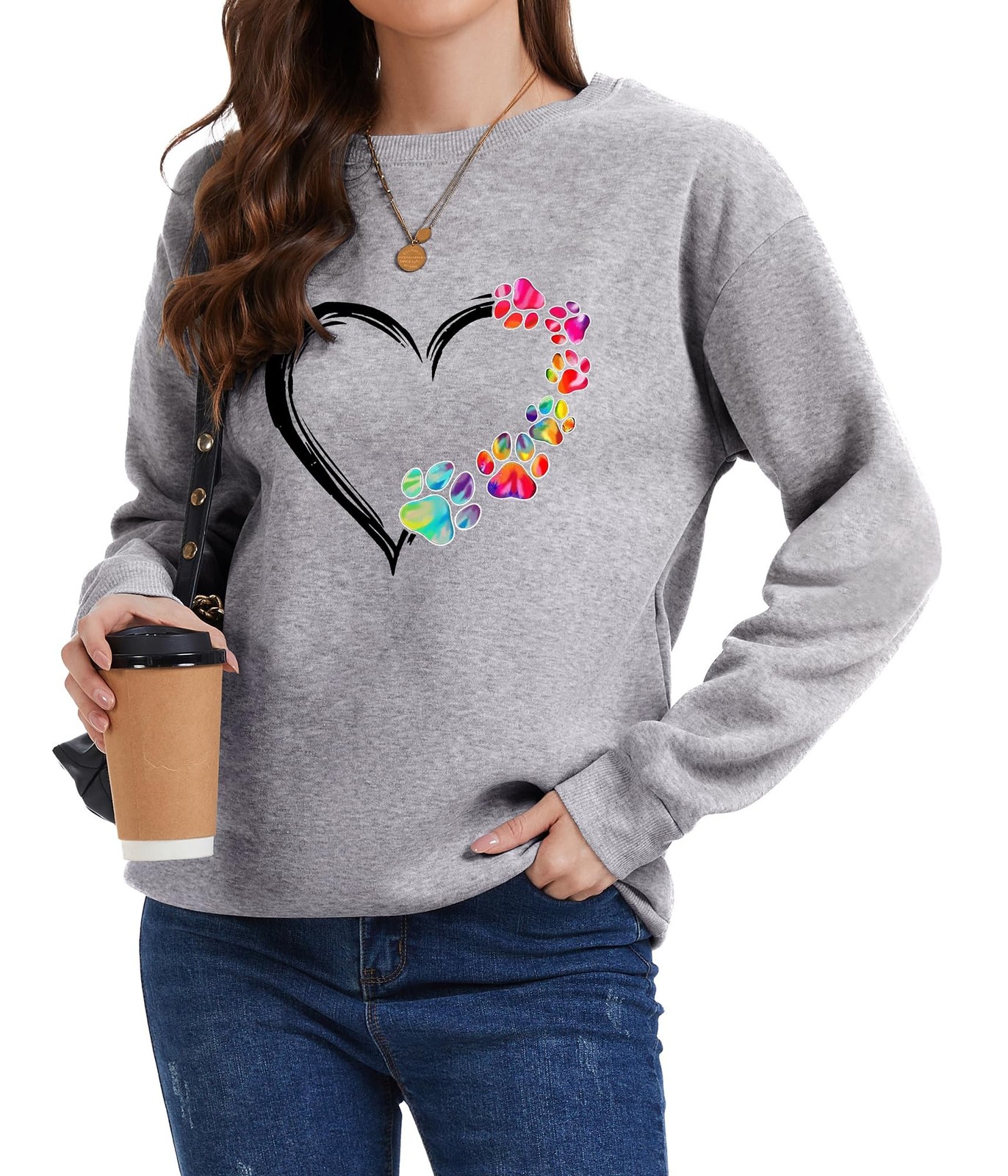 Womens Dog Mom Sweatshirts Heart Dog Paw Print Colorblock Long Sleeve Crewnec…