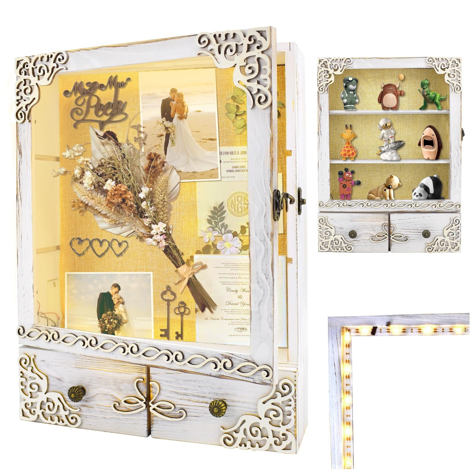 11×16 Shadow Box Frame with Light, Wedding Memorial Display Case with Shelves…