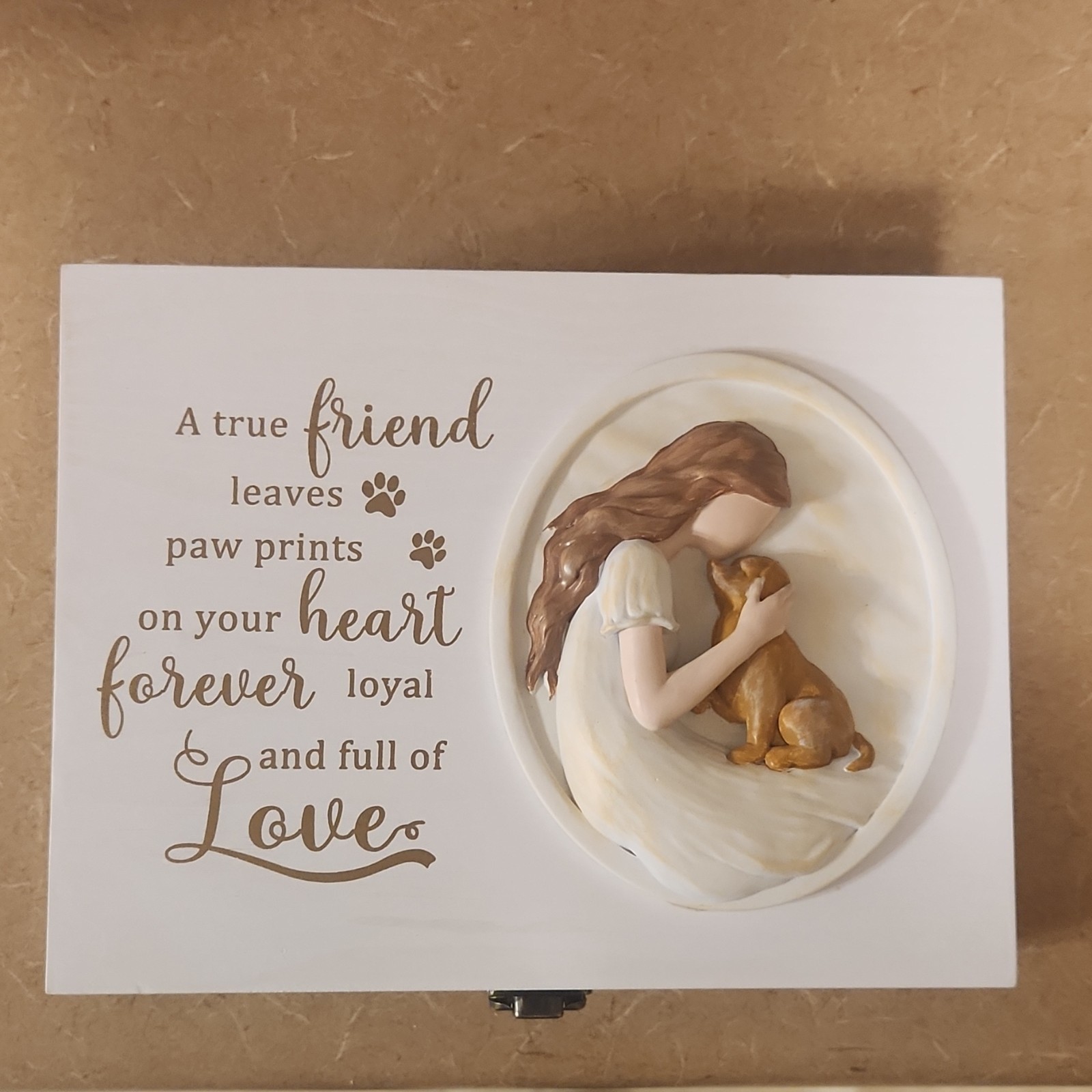 Dog Memorial Urn Wooden Box Engraved Paw Prints Girl Dog Relief Sculpture Quote