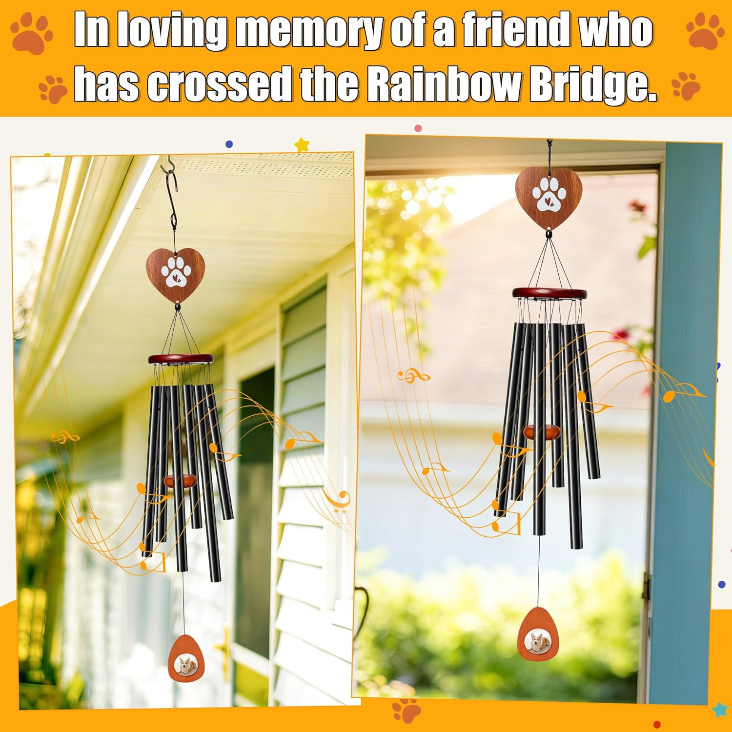 Dog Memorial Wind Chimes – 36” Pet Memorial Gift with Wooden Base, Pawprint Orn