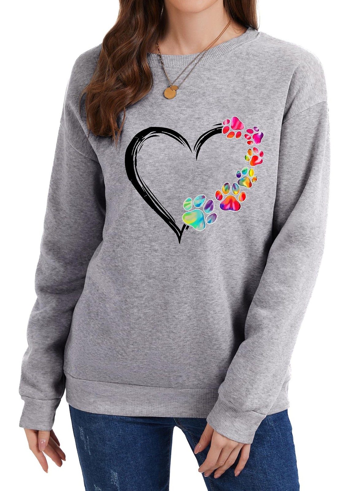 Womens Dog Mom Sweatshirts Heart Dog Paw Print Colorblock Long Sleeve Crewnec…