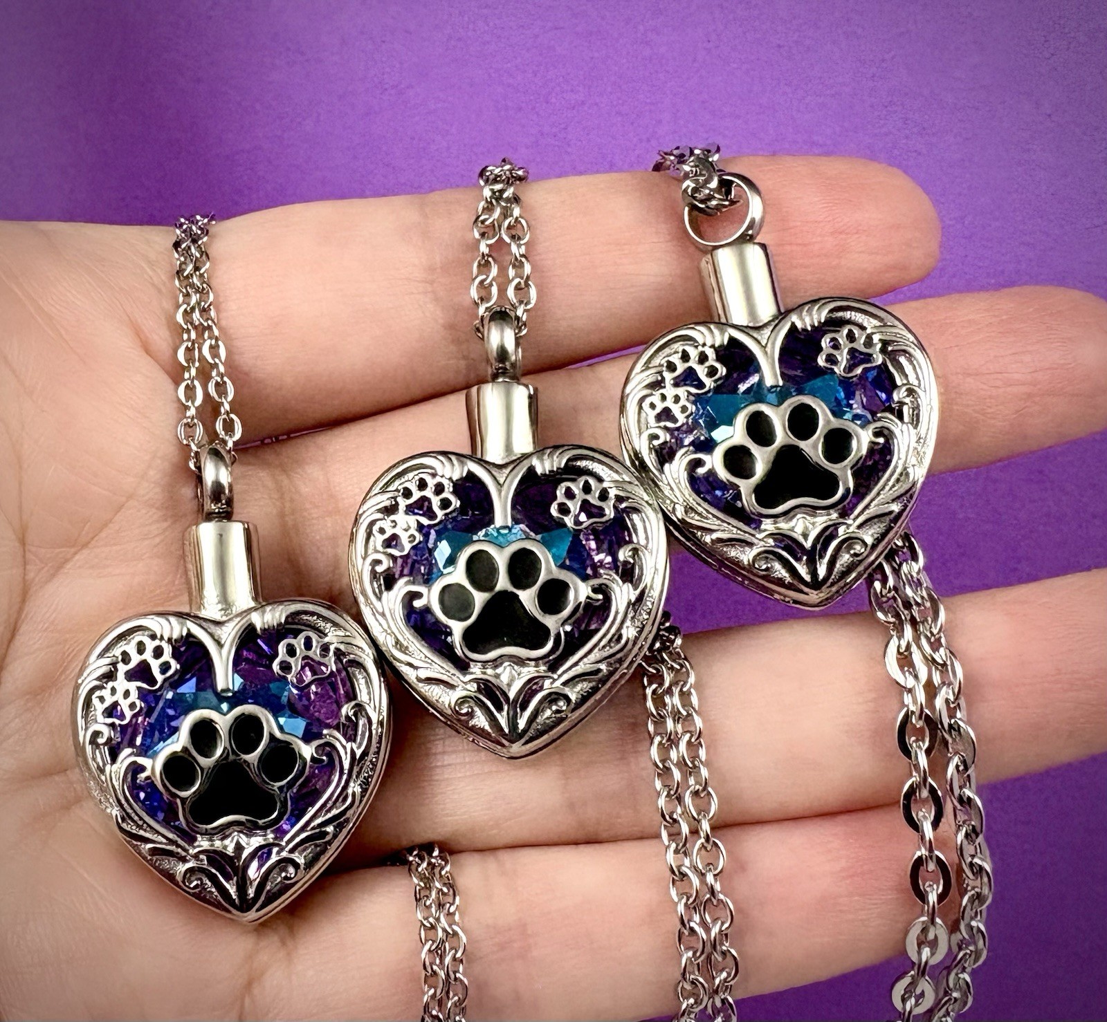 Purple Pet Cremation Necklace Holds Ashes Urn Pendant Jewelry Gift Paw Print Dog