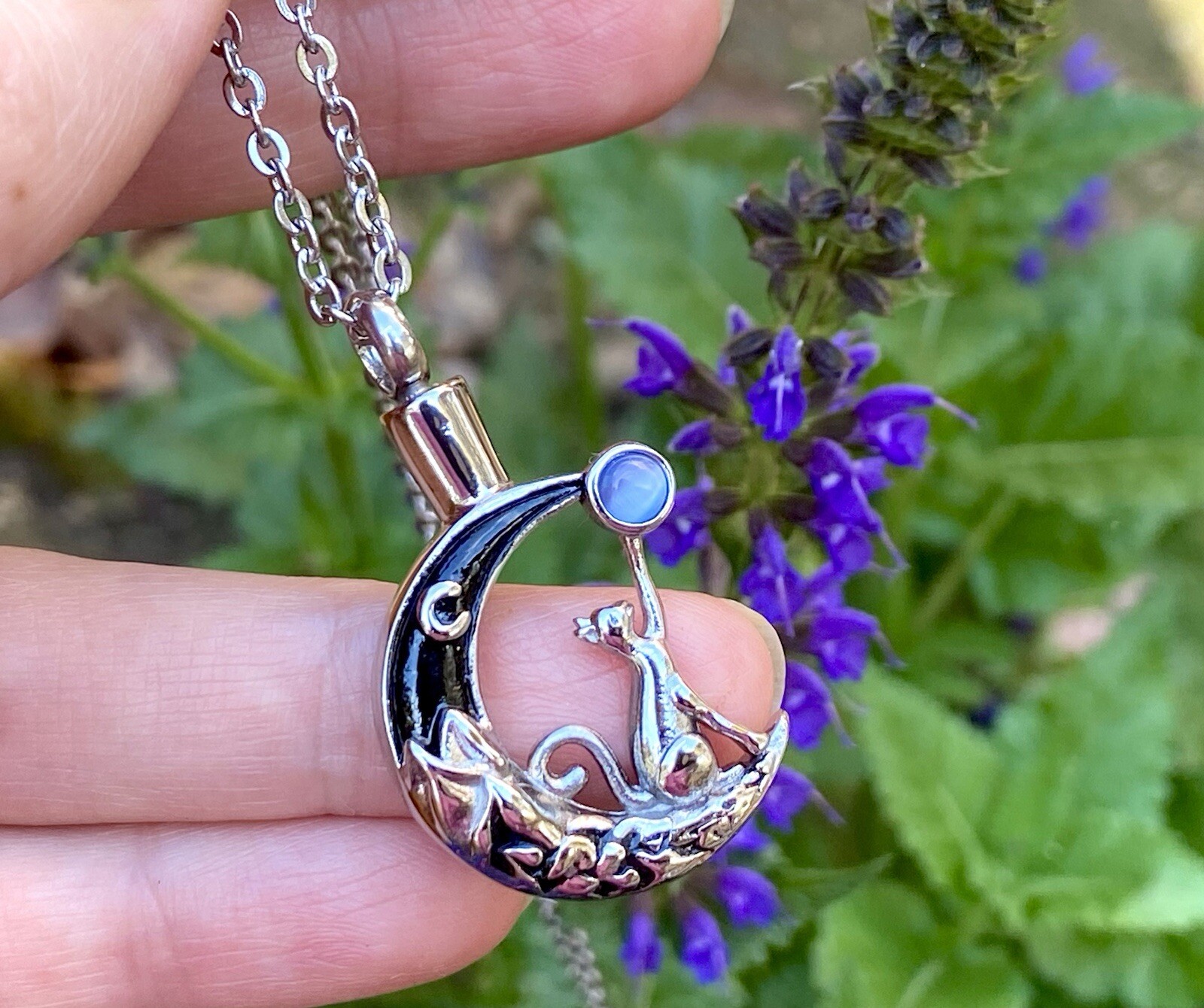 Cat Moon Stone Cremation Necklace Holds Ashes Urn Pendant Jewelry Gift Kitty Lov