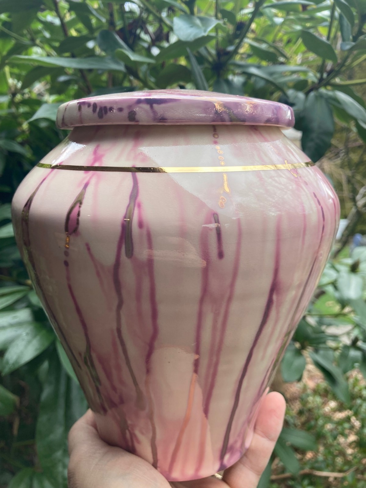 Handmade Ceramic Cremation Urn Keepsake Vessel in White with Rose Gold 150 ci