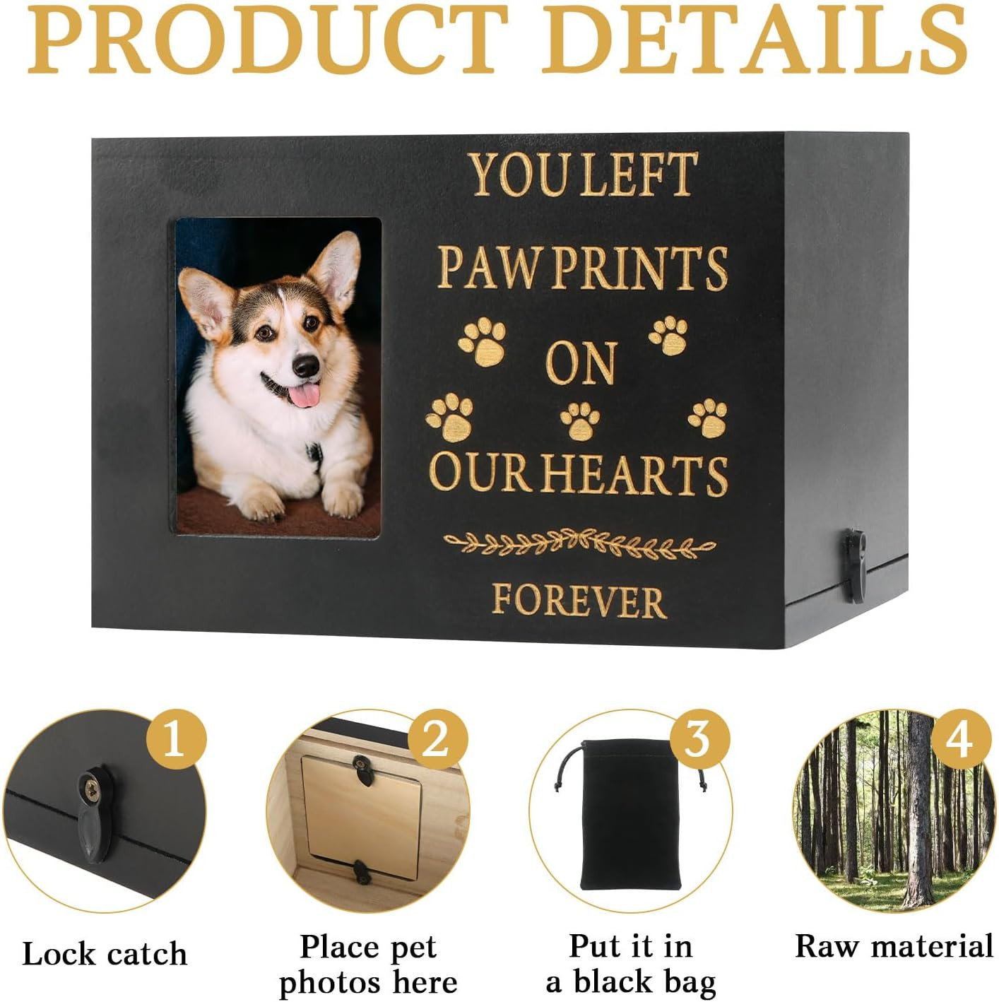 Wooden Pet Urn Memory Box with Photo Frame for Dog or Cat Ashes Black