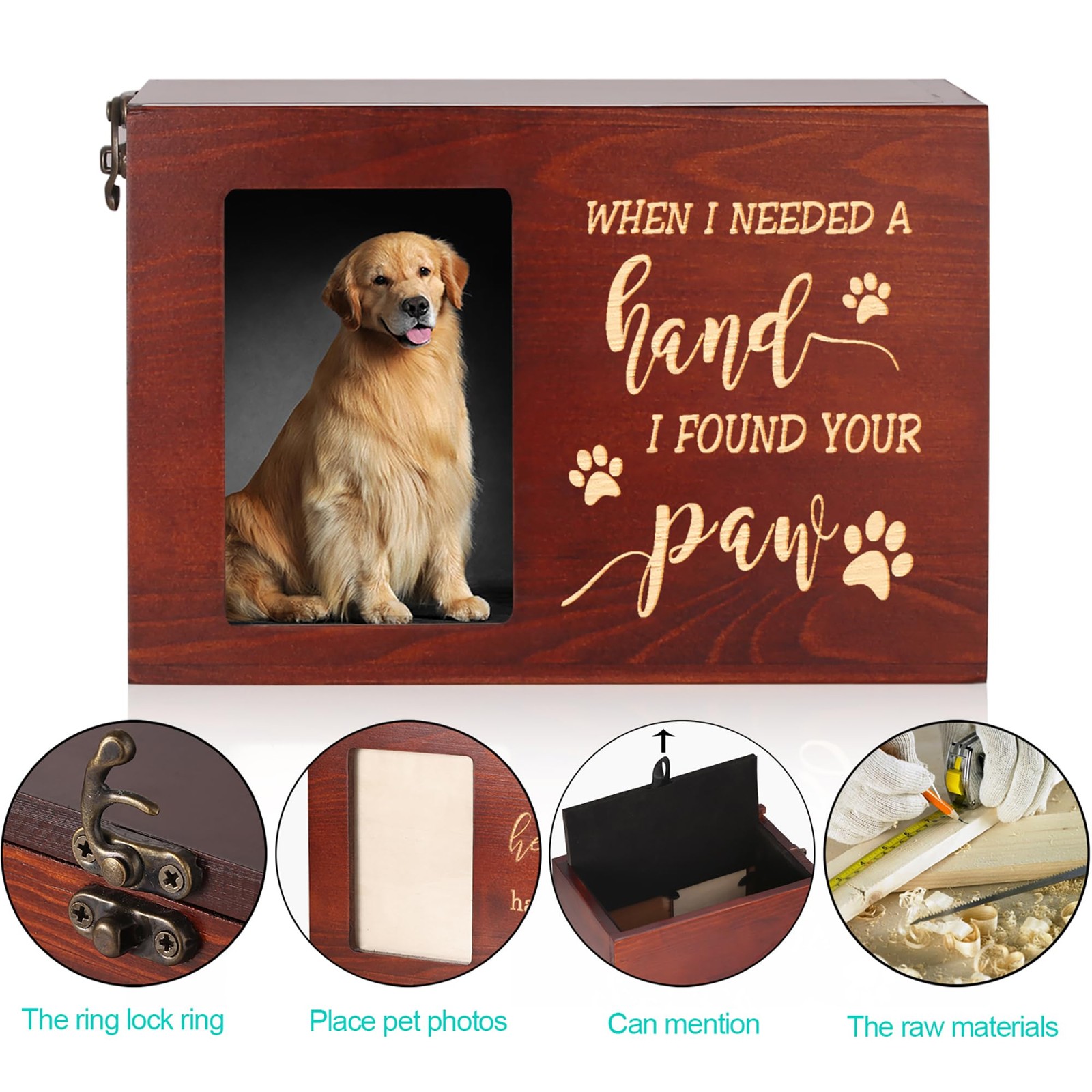Wooden Pet Memorial Urn for Dog or Cat Ashes with Photo Frame Keepsake Box