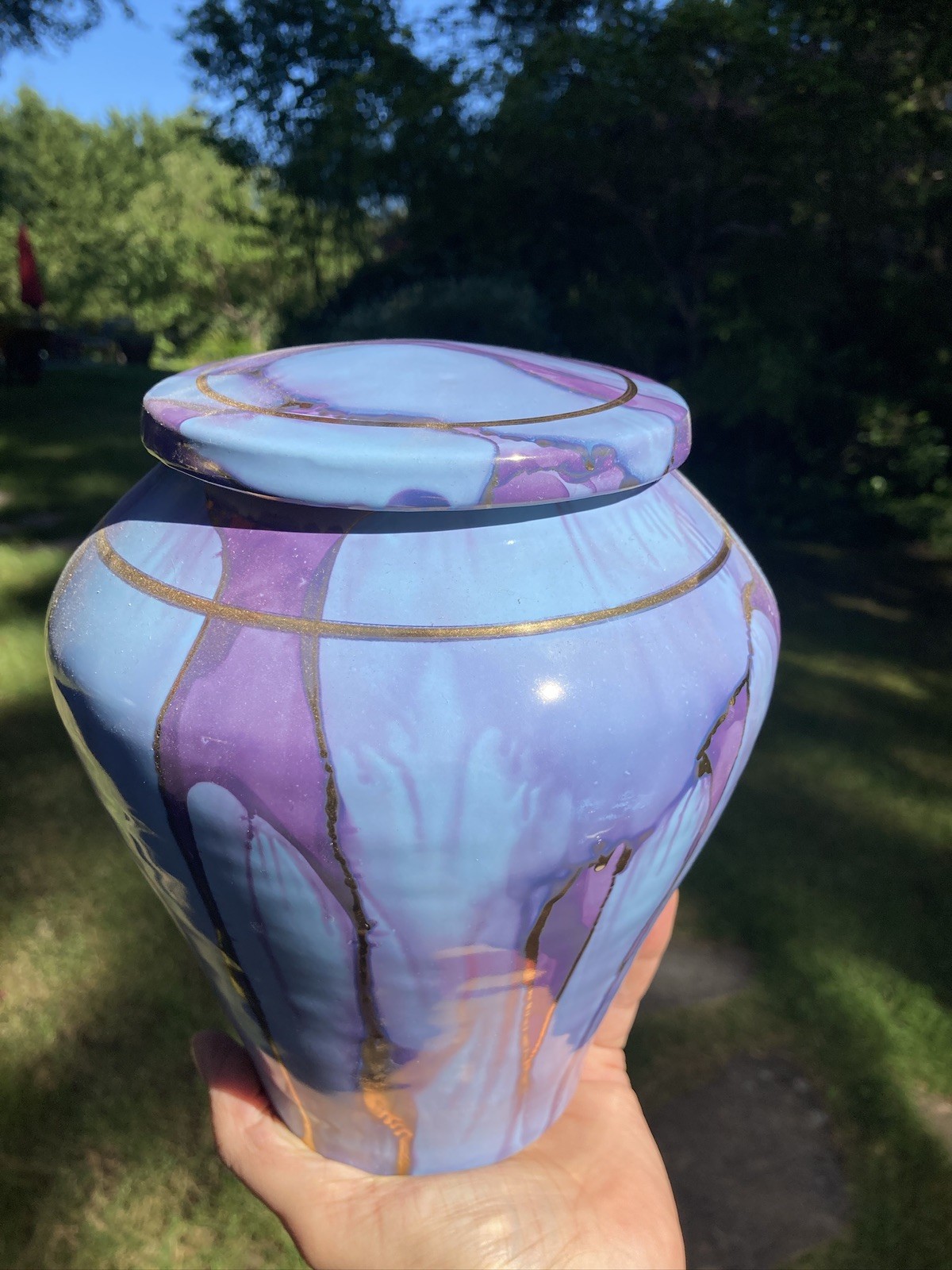 Handmade Ceramic Cremation Urn Keepsake Vessel in Periwinkle with Gold, 150 ci