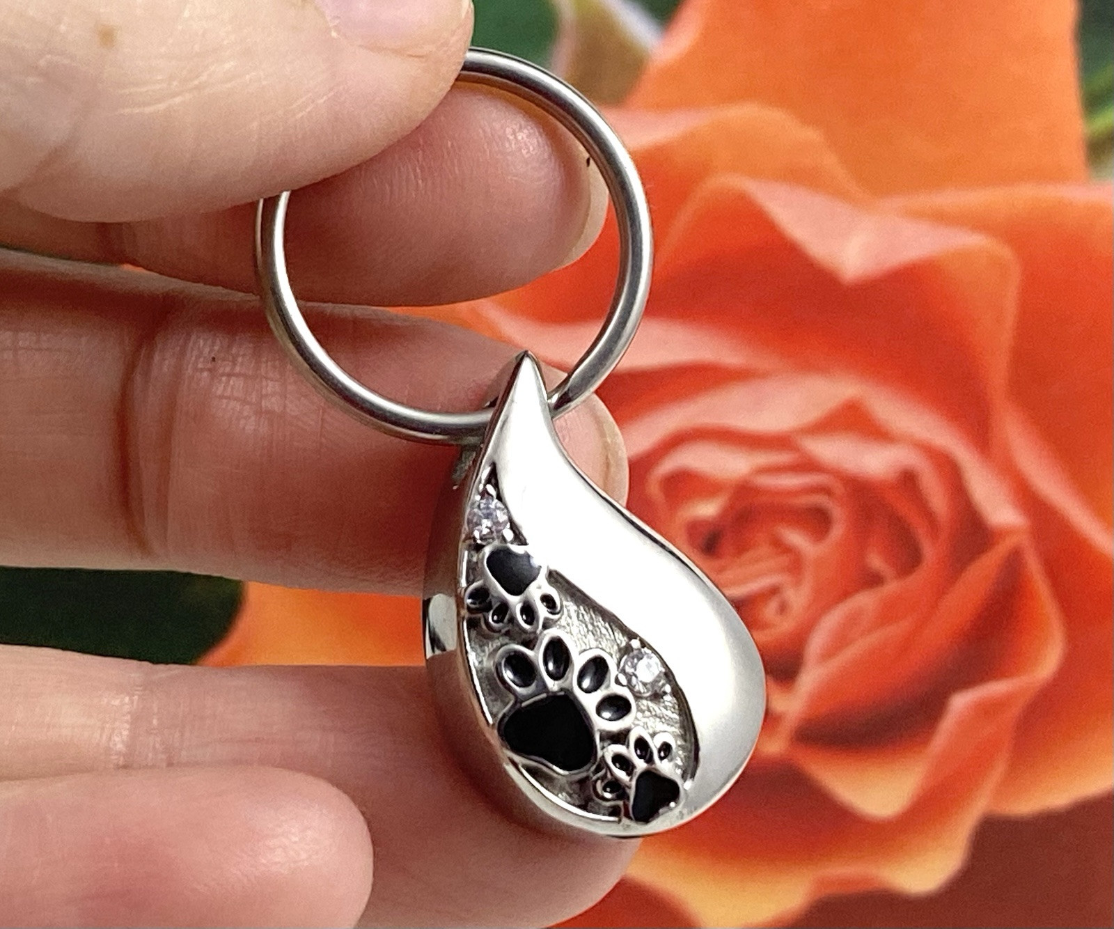 Pet Cremation Pendant Urn Keychain 1″ Key Ring for Ashes Dog Cat Paw Print Tear